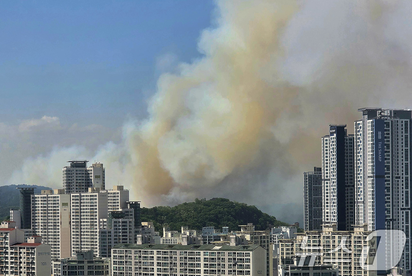 (대구=뉴스1) 공정식 기자 = 28일 오후 2시 1분쯤 대구 북구 노곡동 함지산에서 불이 나 연기가 바람을 타고 도심으로 번지고 있다. 2025.4.28/뉴스1