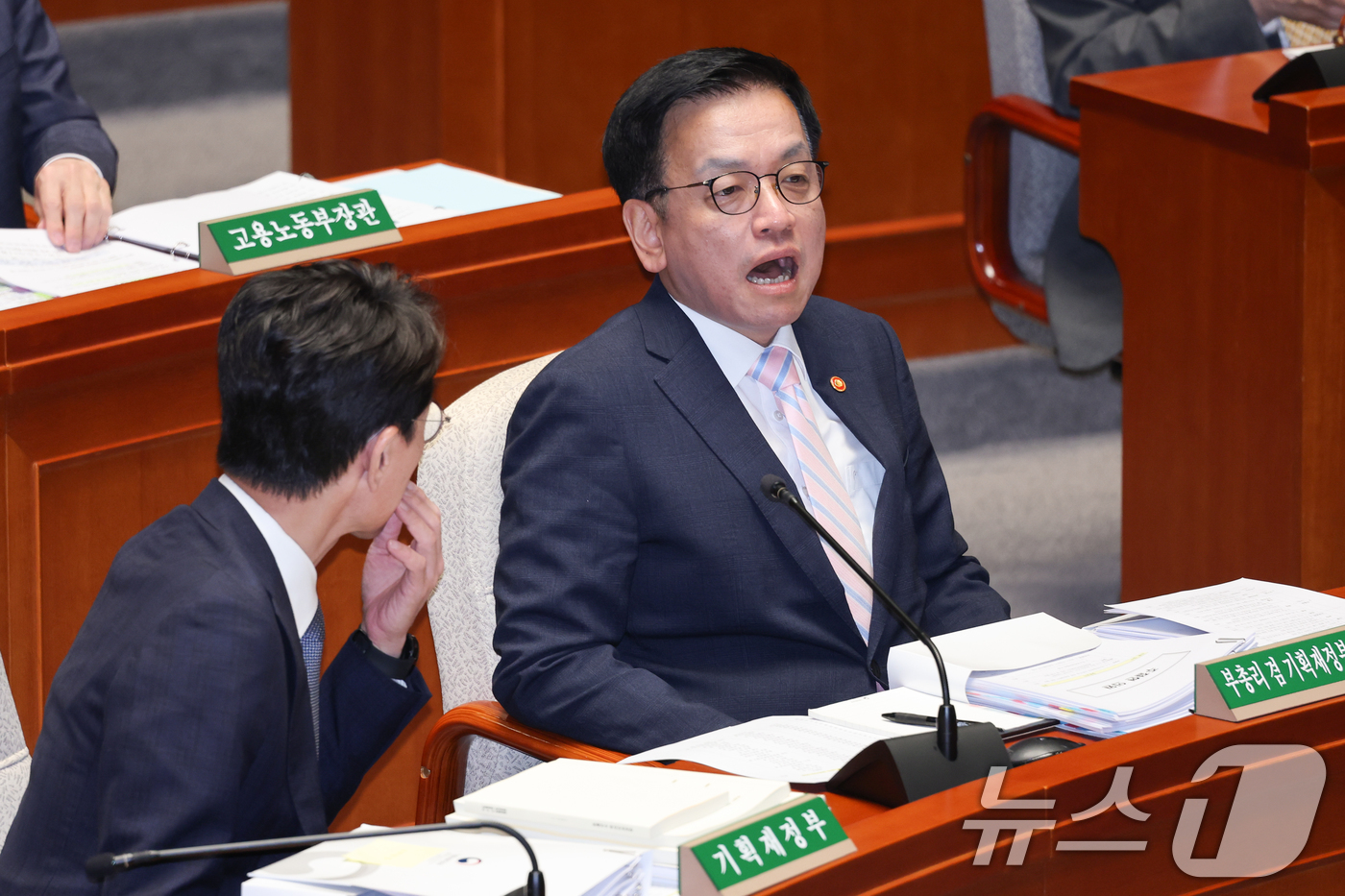 (서울=뉴스1) 안은나 기자 = 최상목 경제부총리 겸 기획재정부 장관(오른쪽)과 김윤상 2차관이 29일 서울 여의도 국회에서 열린 예산결산특별위원회 제424회국회(임시회) 제2차 …