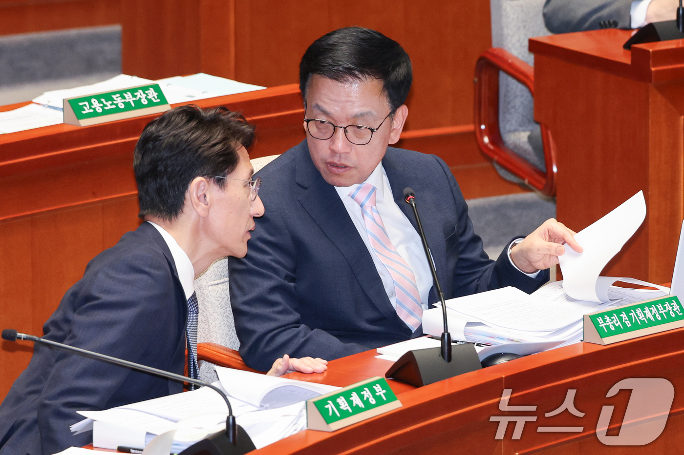 (서울=뉴스1) 안은나 기자 = 최상목 경제부총리 겸 기획재정부 장관(오른쪽)과 김윤상 2차관이 29일 서울 여의도 국회에서 열린 예산결산특별위원회 제424회국회(임시회) 제2차 …