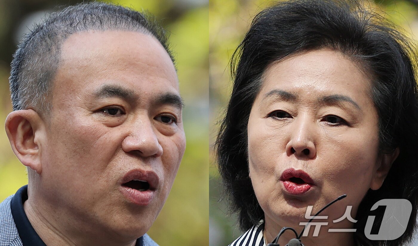 본문 이미지 - 윤석열 전 대통령 부부 공천 개입 의혹의 핵심 인물인 명태균 씨와 참고인 신분으로 소환된 김영선 전 의원이 29일 오전 검찰 조사를 받기 위해 서울 서초구 서울고검 청사로 출석하며 각각 입장을 밝히고 있다. 2025.4.29/뉴스1 ⓒ News1 오대일 기자