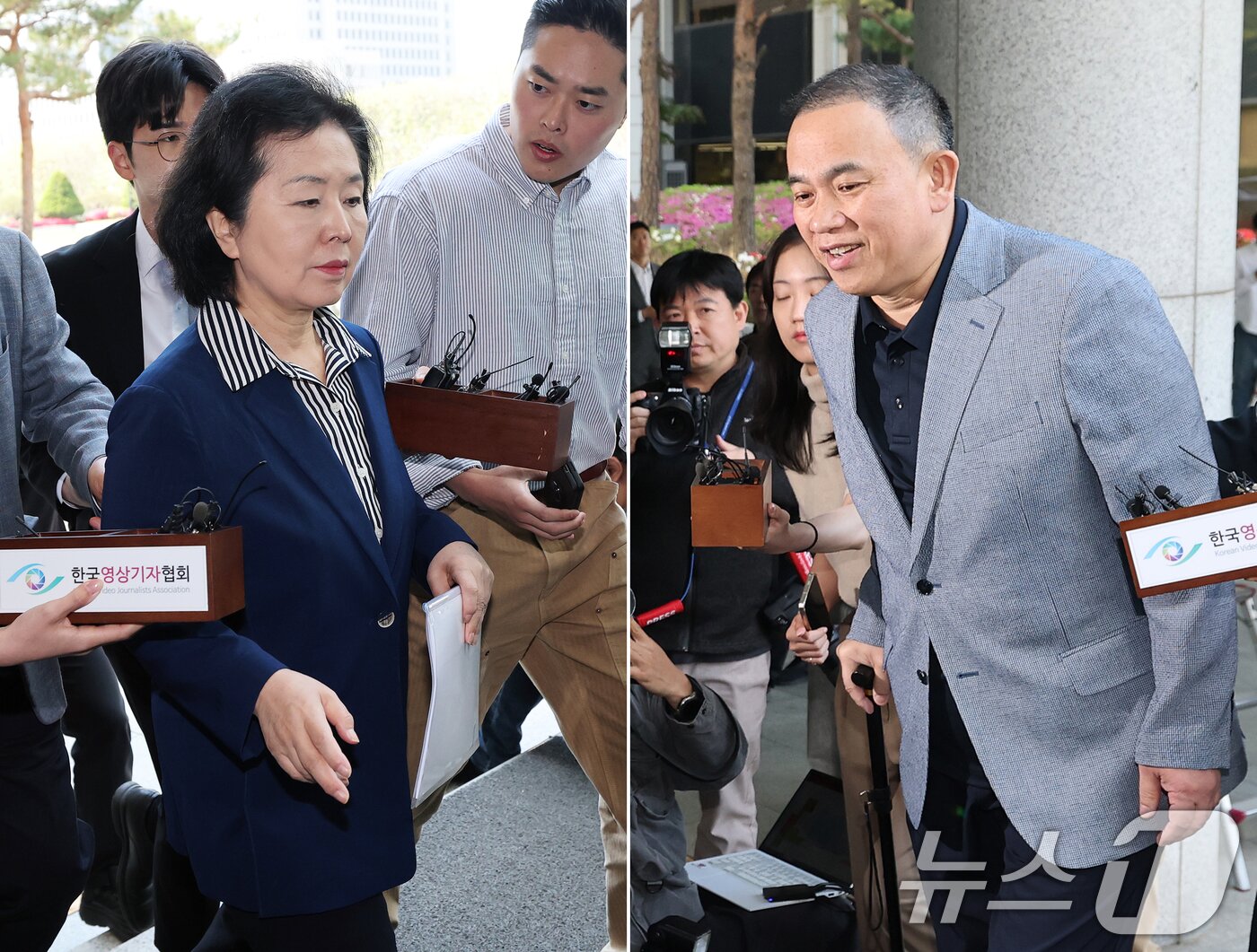 본문 이미지 - 윤석열 전 대통령 부부 공천 개입 의혹의 핵심 인물인 명태균 씨와 참고인 신분으로 소환된 김영선 전 의원이 29일 오전 검찰 조사를 받기 위해 서울 서초구 서울고검 청사로 출석하고 있다. 2025.4.29/뉴스1 ⓒ News1 오대일 기자