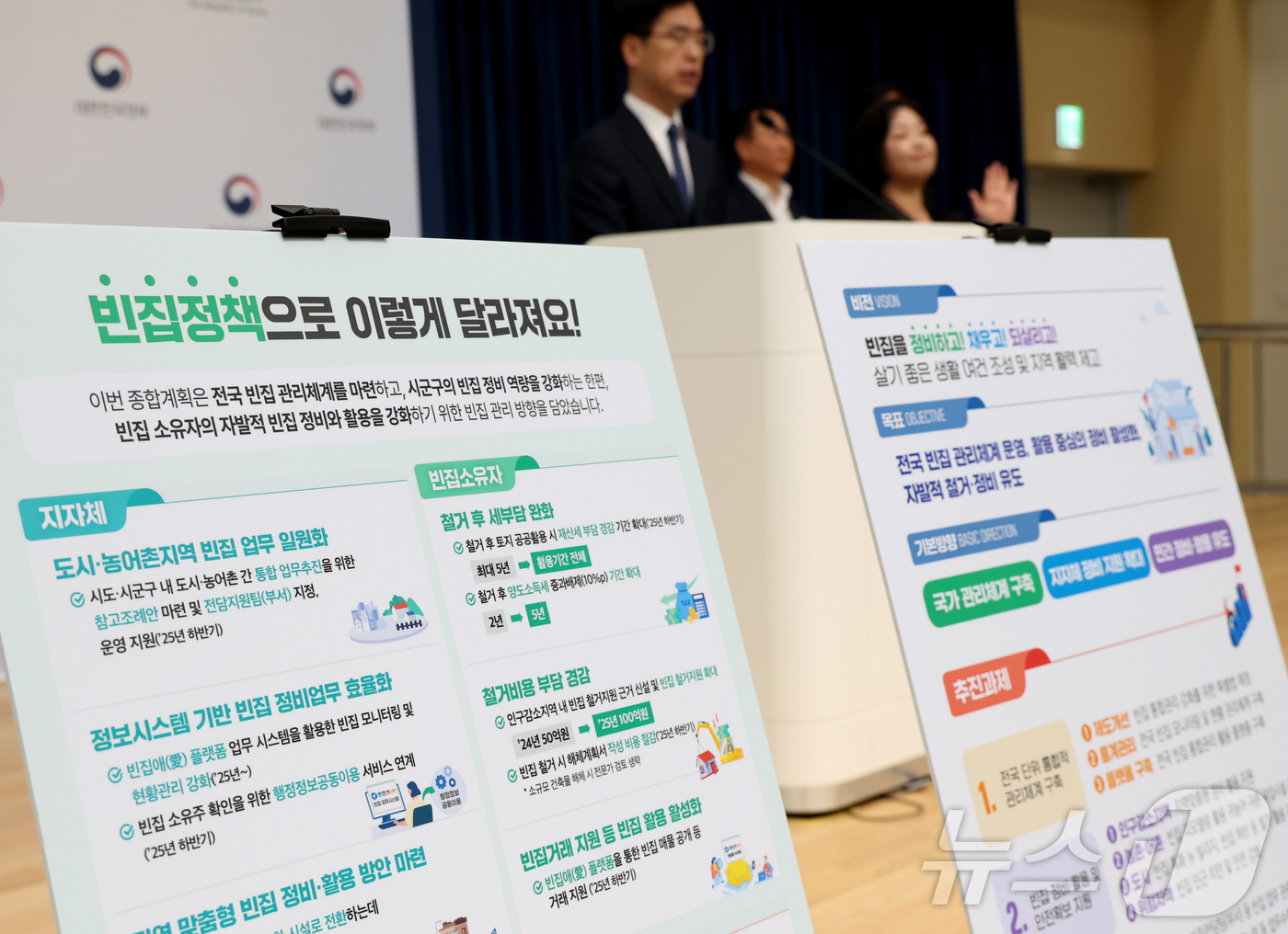 (세종=뉴스1) 김기남 기자 = 김민재 행정안전부 차관보를 비롯한 관계부처 담당자들이 지난 29일 세종시 정부세종청사에서 '범정부 빈집정비 종합계획'을 발표하고 있다. 2025.5 …