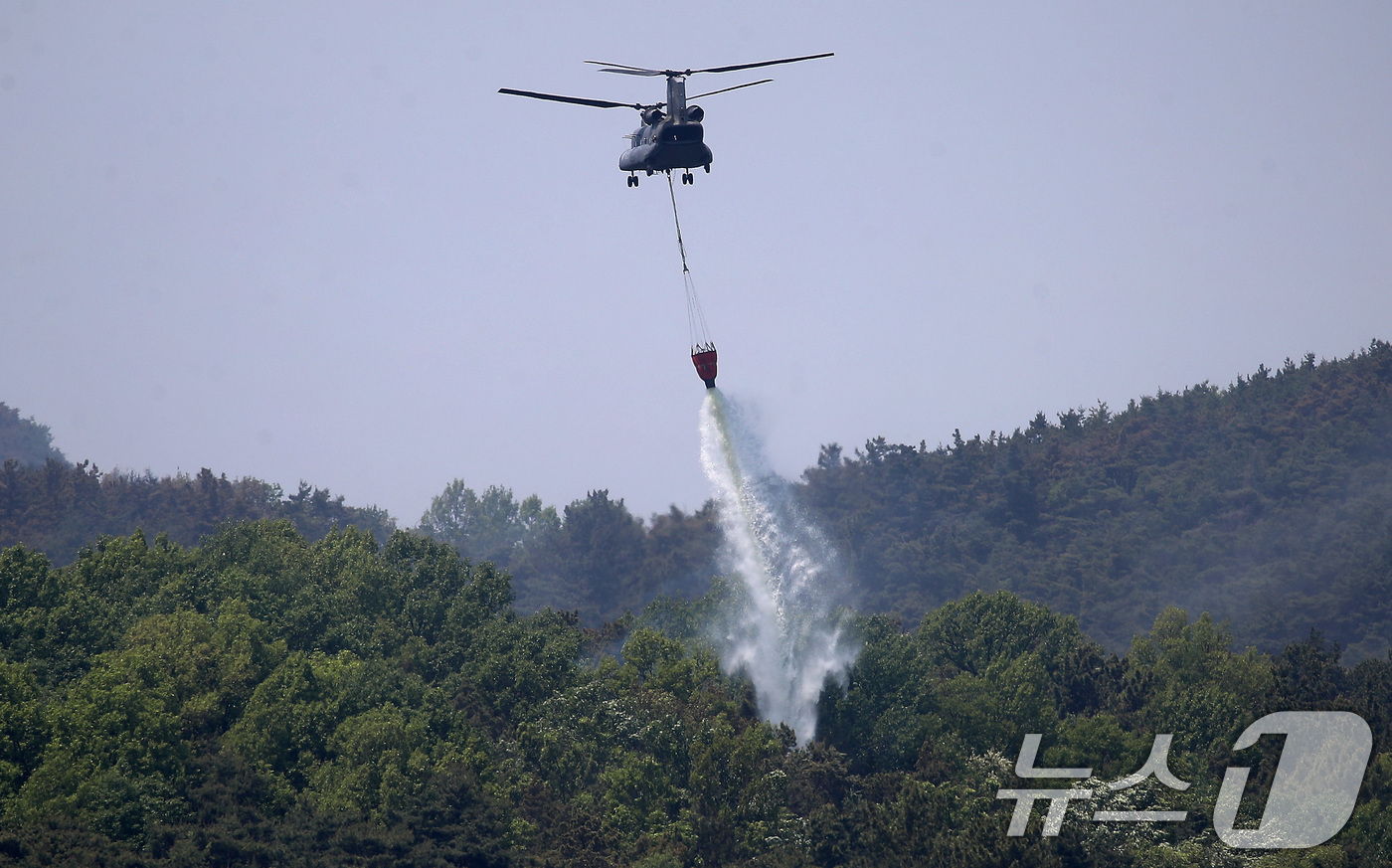 (대구=뉴스1) 공정식 기자 = 대구 북구 함지산 산불 이틀째인 29일 오후 산불 진화 작전에 투입된 군용 헬기가 함지산 상공에서 물을 뿌리고 있다. 2025.4.29/뉴스1
