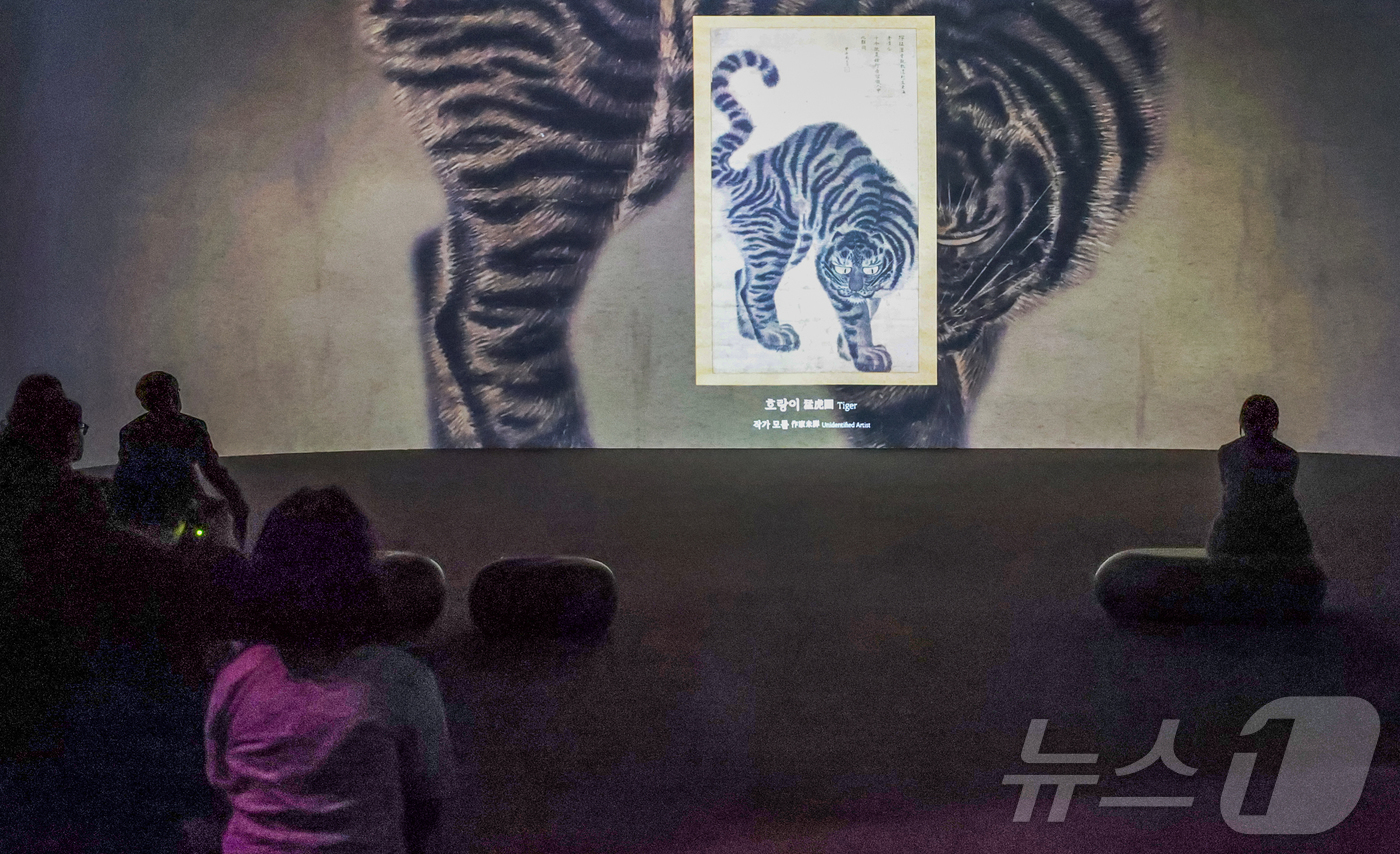 (서울=뉴스1) 권현진 기자 = 29일 서울 용산구 국립중앙박물관 디지털 실감 영상관에서 '어흥, 호랑이-용맹하게, 신통하게, 유쾌하게'를 시연을 하고 있다. 2025.4.29/뉴 …
