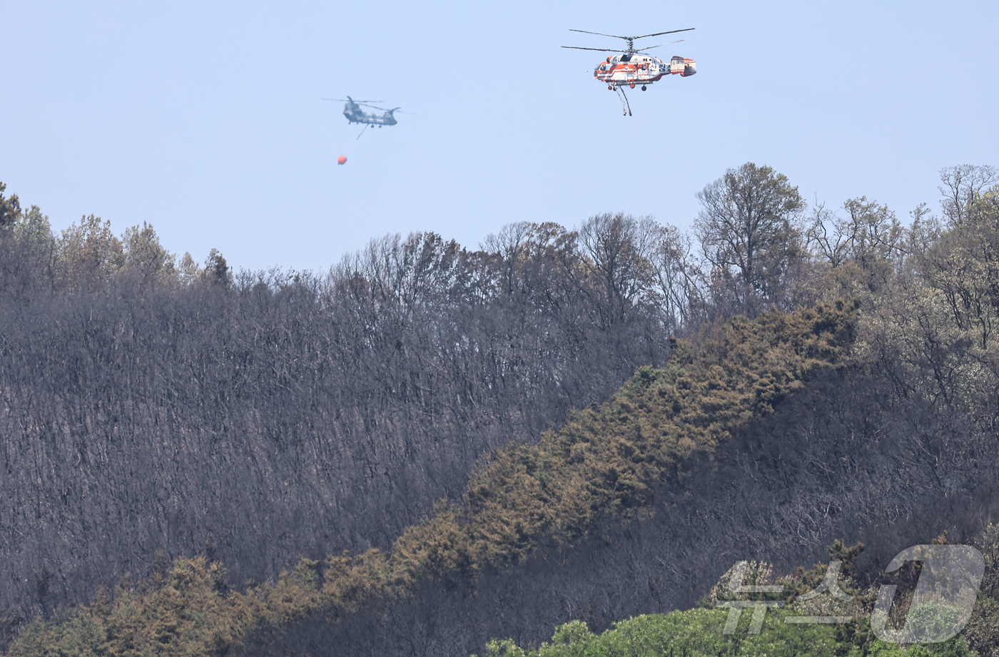 (대구=뉴스1) 김도우 기자 = 대구 북구 함지산 산불 이틀째인 29일 오후 산불 진화 작전에 투입된 헬기들이 함지산 상공을 분주히 움직이고 있다. 2025.4.29/뉴스1