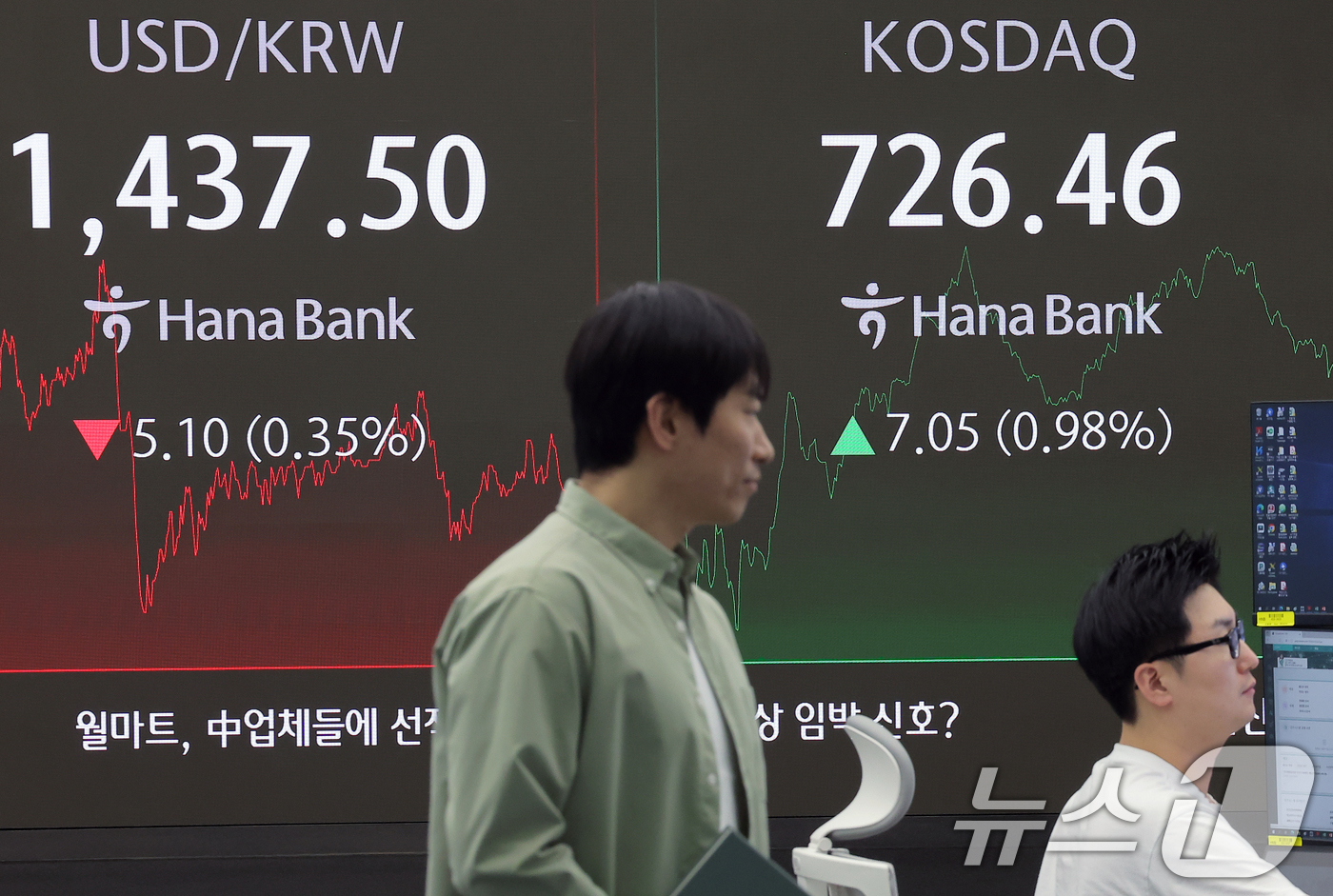 (서울=뉴스1) 박정호 기자 = 29일 오후 서울 중구 하나은행 본점 딜링룸 전광판에 증시가 표시되고 있다.이날 코스피 지수는 전 거래일 대비 16.56p(0.65%) 오른 2,5 …