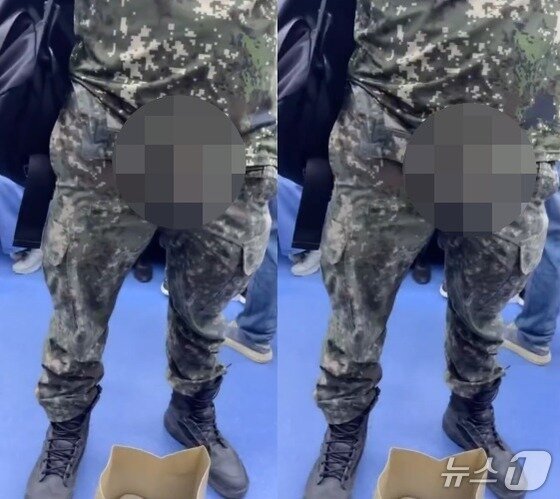 본문 이미지 - 지난 19일 오후 서울지하철 신분당선 열차 안에서 군복을 입은 남성이 신체 중요 부위를 노출하고 있다(X 갈무리)