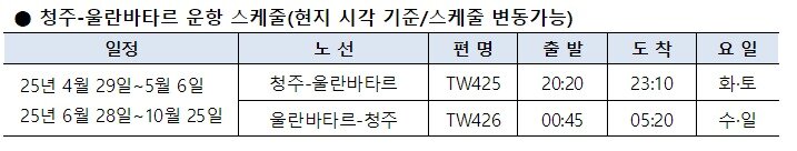 본문 이미지 - 티웨이항공 청주-울란바타르 운항 스케줄(티웨이항공 제공).