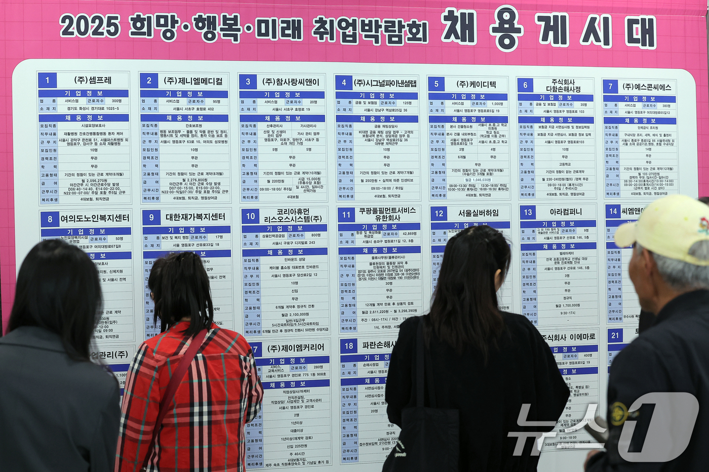 (서울=뉴스1) 박정호 기자 = 30일 오후 서울 영등포구 국회대로 영등포아트홀에서 열린 2025 희망‧행복·미래 취업박람회를 찾은 구직자들이 채용게시대를 살펴보고 있다.이번 취업 …