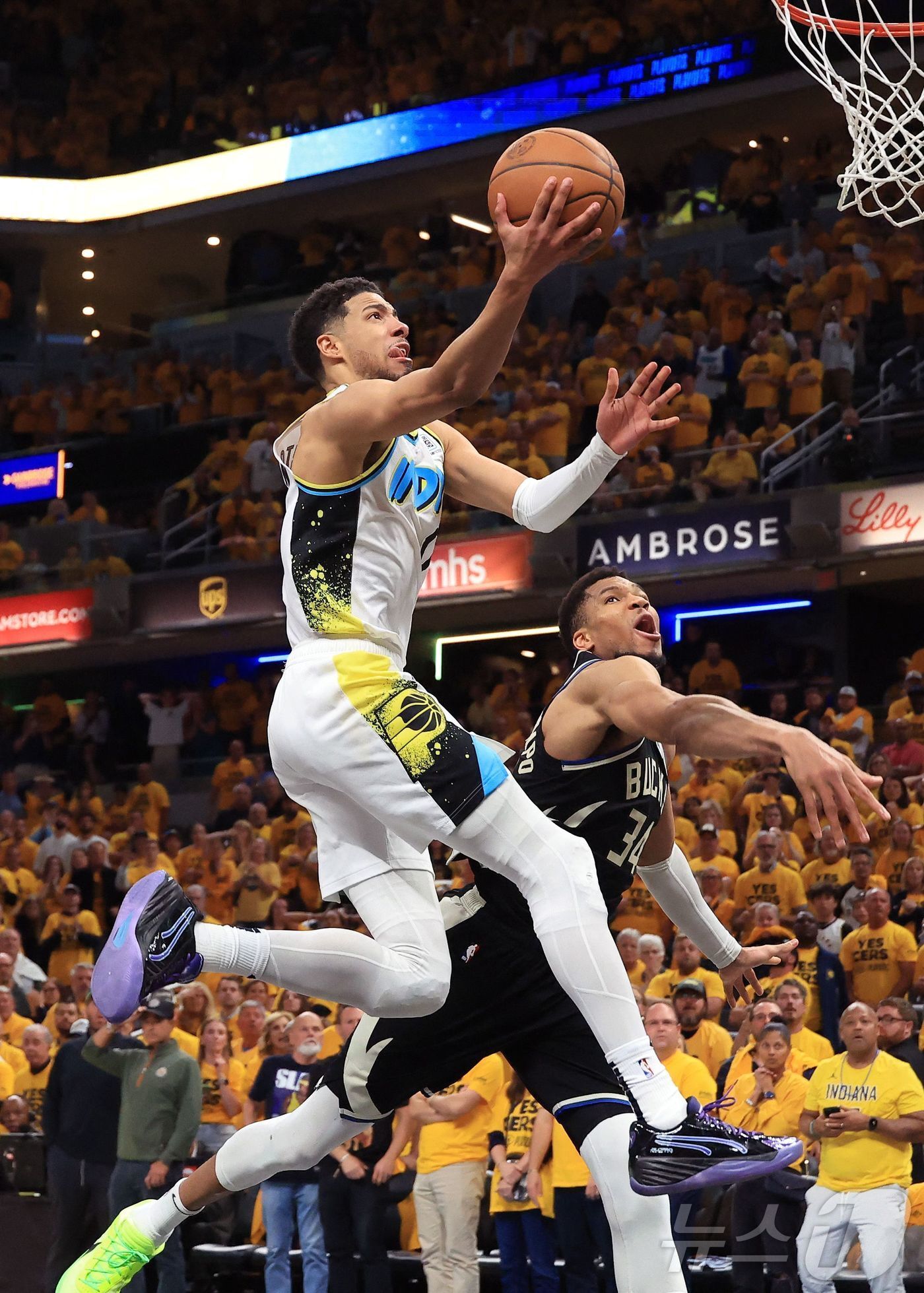 본문 이미지 - NBA 인디애나 할리버튼이 30일&#40;한국시간&#41; 밀워키와 경기에서 레이업을 하고 있다. ⓒ AFP=뉴스1