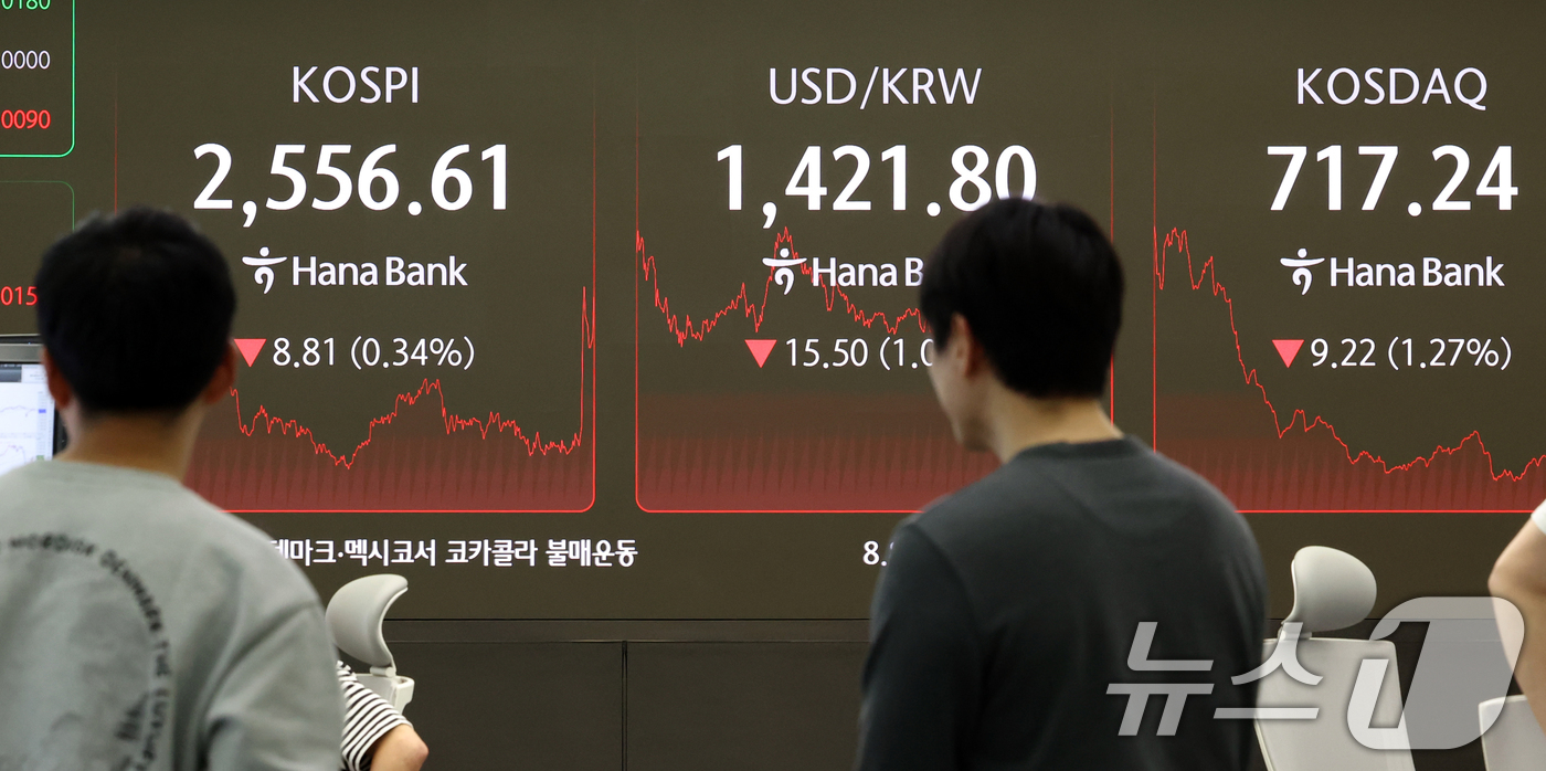 (서울=뉴스1) 김명섭 기자 = 30일 오후 서울 중구 하나은행 본점 딜링룸 전광판에 증시가 표시되고 있다. 이날 코스피 지수는 전 거래일 대비 8.81p(0.34%) 내린 2,5 …