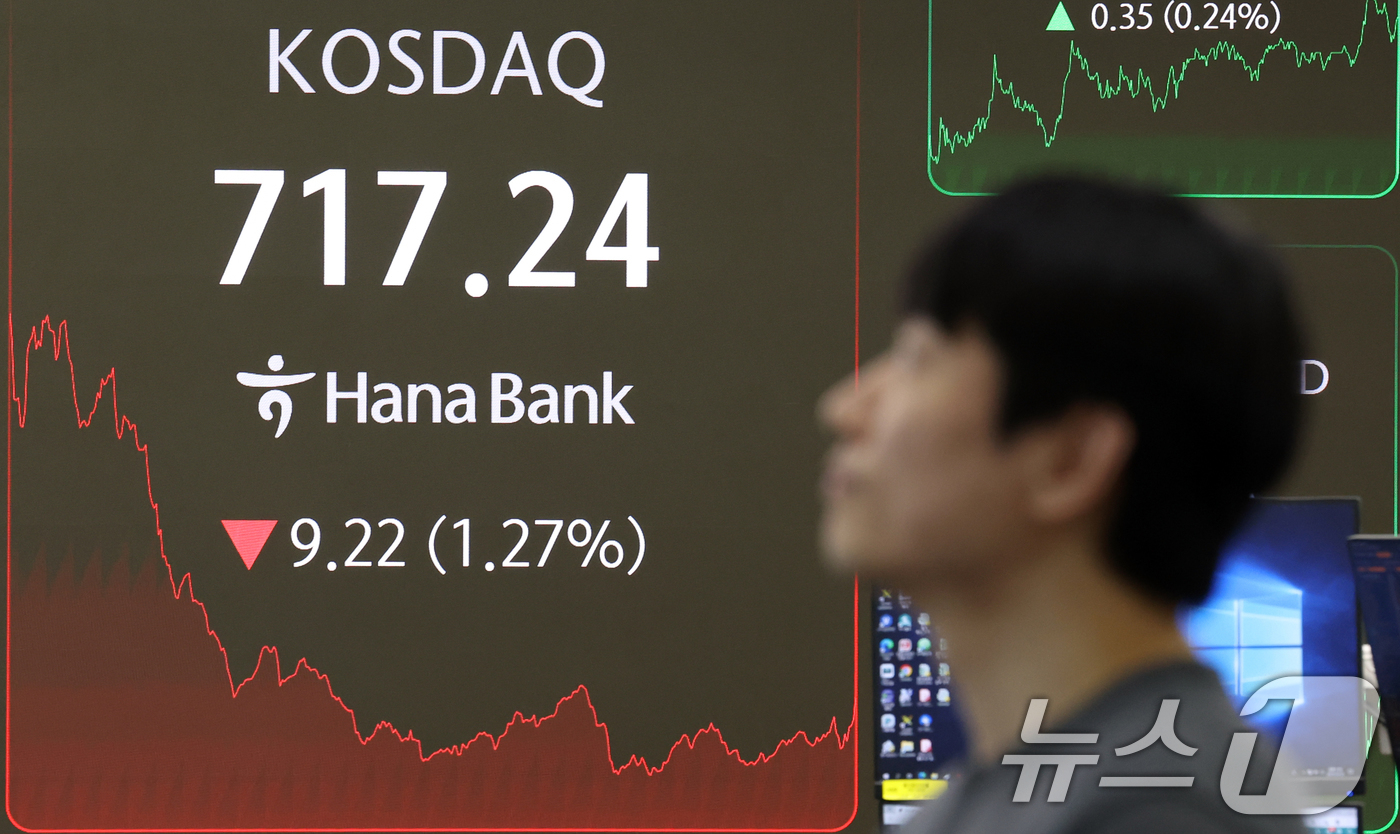 (서울=뉴스1) 김명섭 기자 = 30일 오후 서울 중구 하나은행 본점 딜링룸 전광판에 증시가 표시되고 있다. 이날 코스피 지수는 전 거래일 대비 8.81p(0.34%) 내린 2,5 …