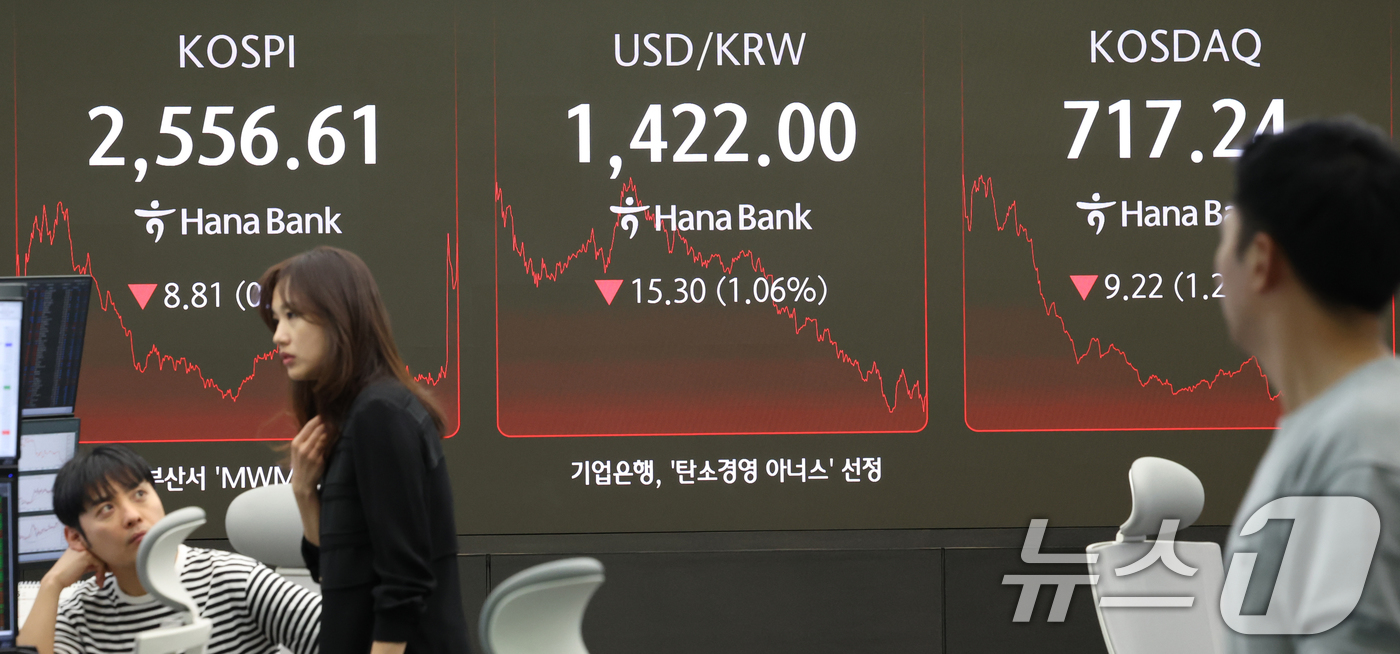(서울=뉴스1) 김명섭 기자 = 30일 오후 서울 중구 하나은행 본점 딜링룸 전광판에 증시가 표시되고 있다. 이날 코스피 지수는 전 거래일 대비 8.81p(0.34%) 내린 2,5 …