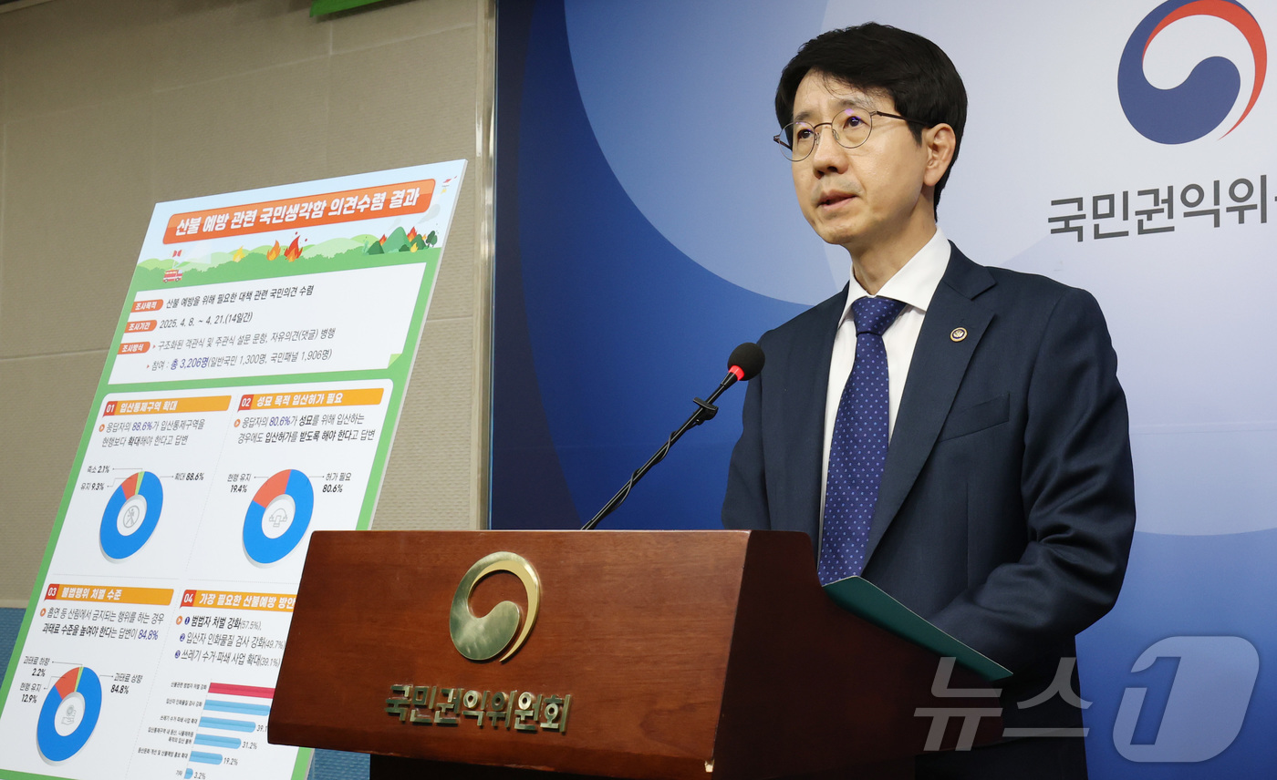 (세종=뉴스1) 김기남 기자 = 국민권익위원회 박종민 사무처장 겸 부위원장이 30일 오후 정부세종청사 국민권익위원회에서 산불방지대책 관련 국민생각함 의견 수렴 결과를 발표하고 있다 …
