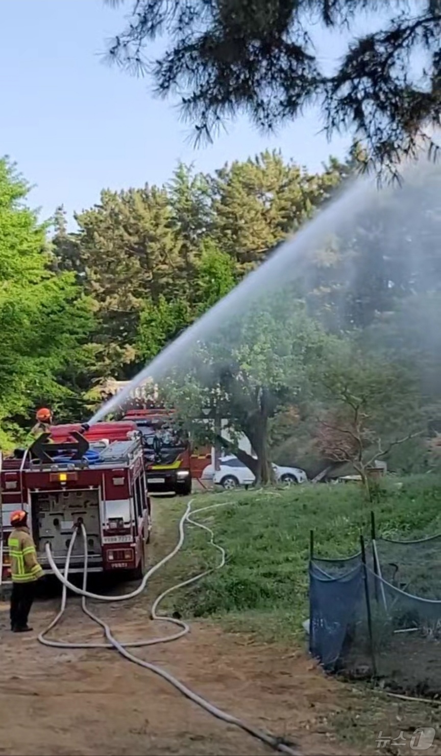 (대구=뉴스1) 남승렬 기자 = 대구 북구 함지산 산불이 재발화한 30일 오후 대구소방본부 소속 소방관들이 함지산 원담사 인근에서 진화 작업을 하고 있다. (대구소방안전본부 제공. …