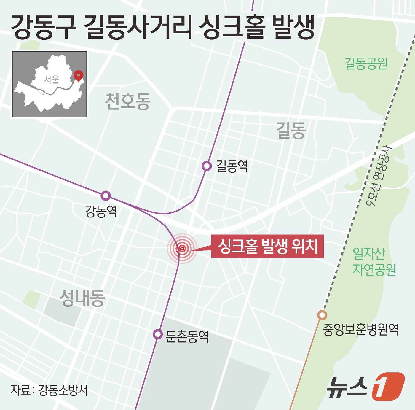 (서울=뉴스1) 김지영 디자이너 = 30일 오후 3시 23분쯤 서울 강동구 둔촌동역 인근 도로에 땅 꺼짐(싱크홀) 현상이 발생했다. 서울강동소방서에 따르면 인명 피해는 발생하지 않 …