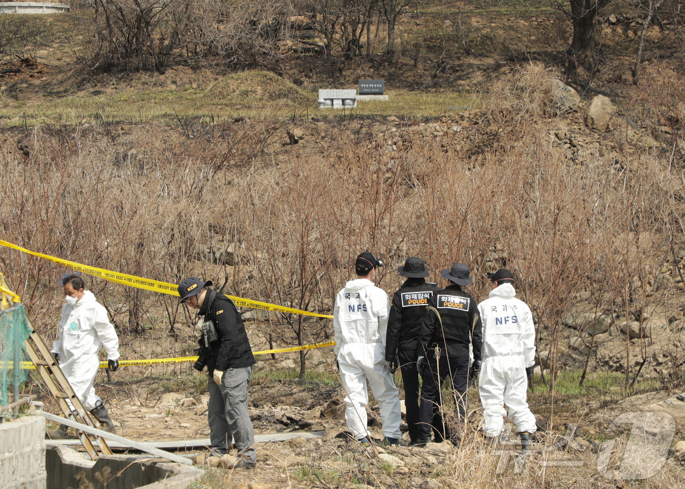 (울산=뉴스1) 김지혜 기자 = 울산 울주 온양 대운산 산불에 대한 정확한 발화 원인 등을 조사하기 위한 합동감식이 4일 오전 진행되고 있다. 2025.4.4/뉴스1