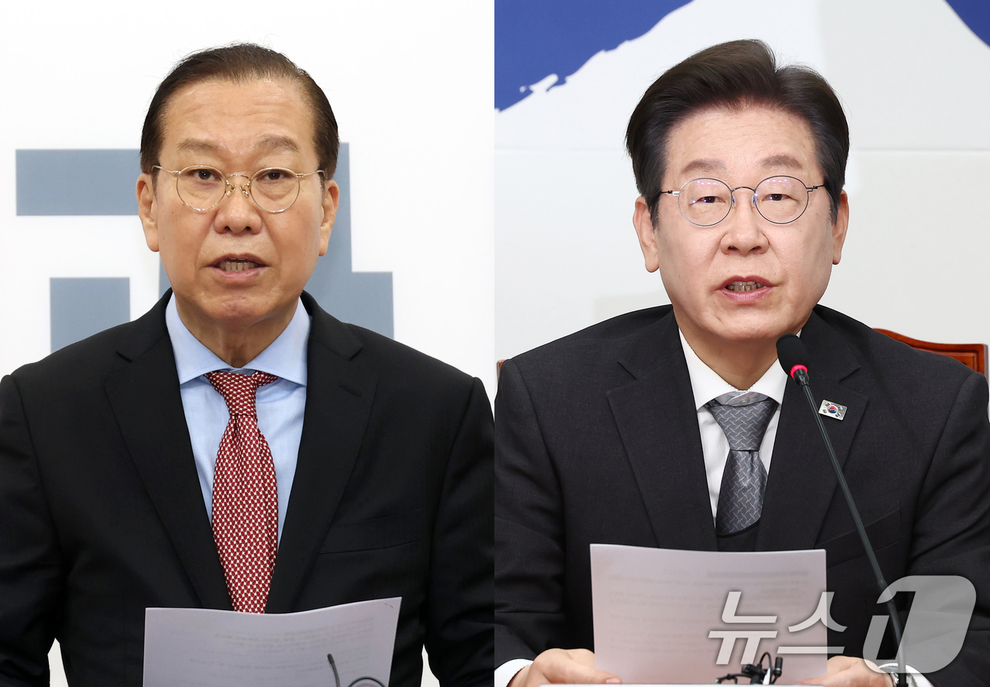 (서울=뉴스1) 이광호 김민지 기자 = 권영세 국민의힘 비상대책위원장(왼쪽)과 이재명 더불어민주당 대표가 4일 서울 여의도 국회에서 각각 헌법재판소의 윤석열 대통령 파면 결정에 대 …