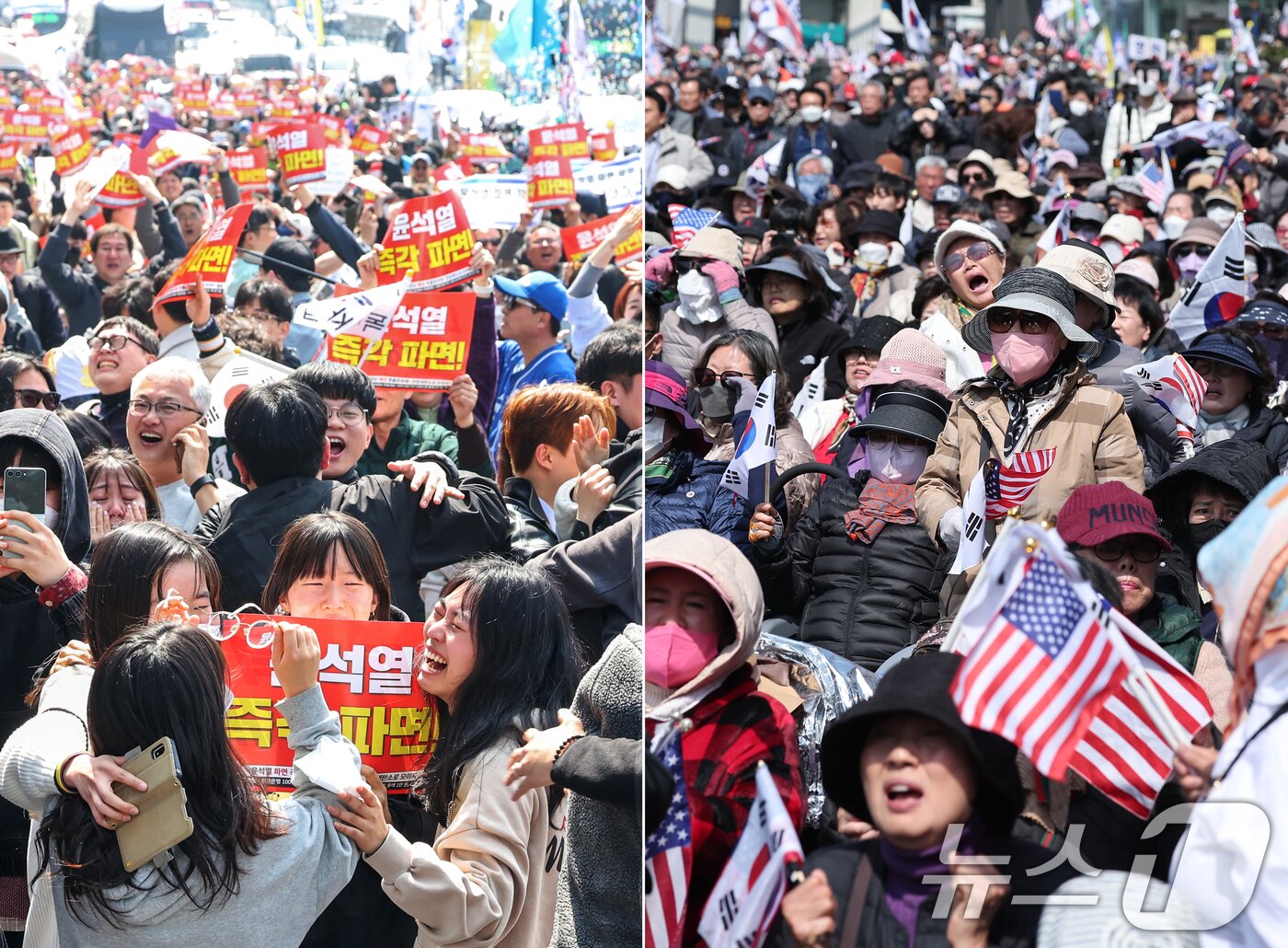 본문 이미지 - 헌법재판소가 4일 윤석열 대통령에 대한 파면을 결정했다. 사진 왼쪽은 이날 서울 용산구 대통령 관저 앞에서 진보단체 회원들을 비롯한 시민들이 기뻐하는 모습(왼쪽)과 대통령 지지자들이 허탈에 하는 모습. 2025.4.4/뉴스1 ⓒ News1 민경석 기자,김성진 기자