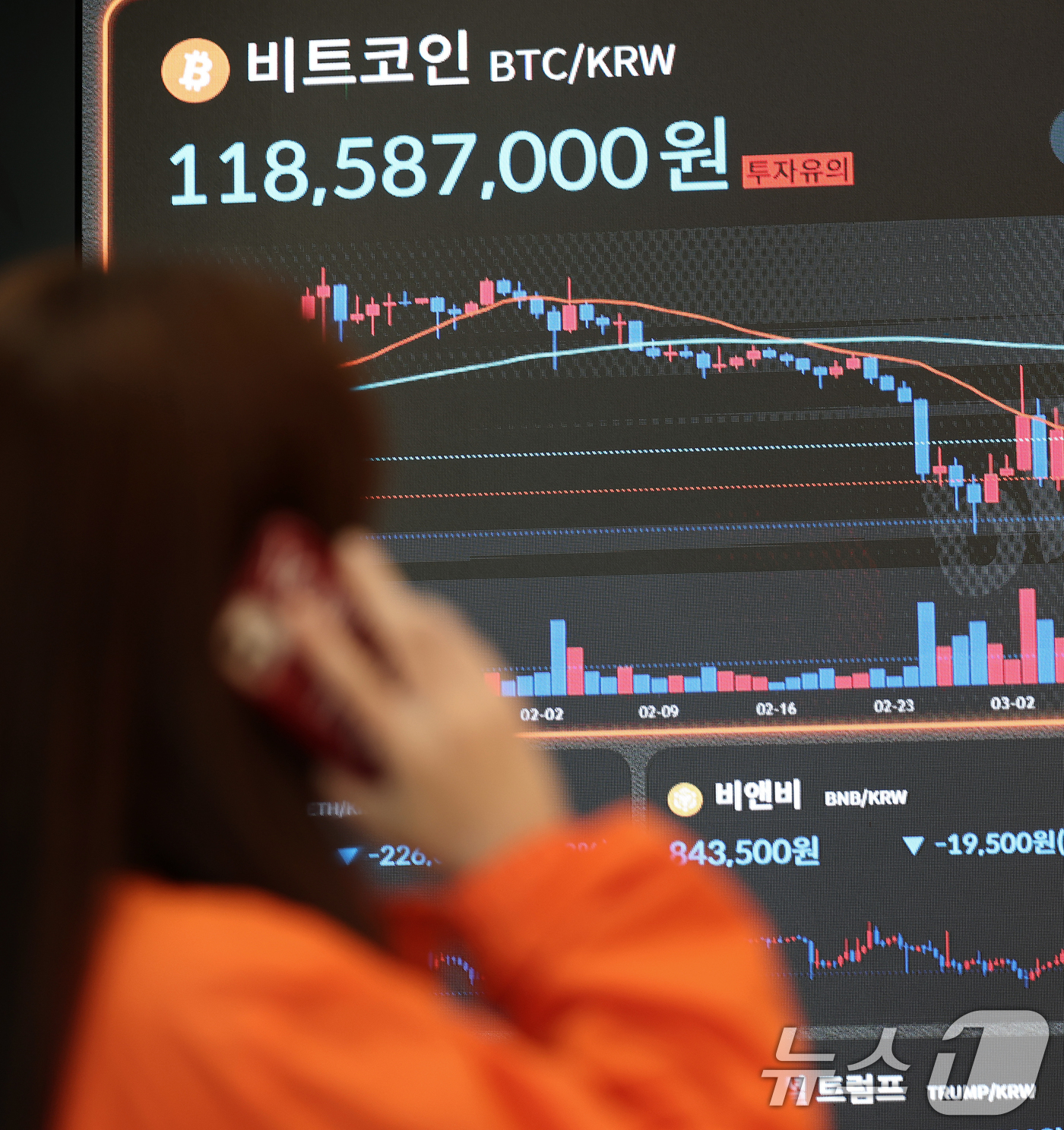 (서울=뉴스1) 오대일 기자 = 도널드 트럼프 미국 대통령의 상호관세 충격 여파로 비트코인 가격이 급락하는 등 자본시장이 요동치는 가운데 7일 서울 서초구 빗썸라운지 전광판에 비트 …