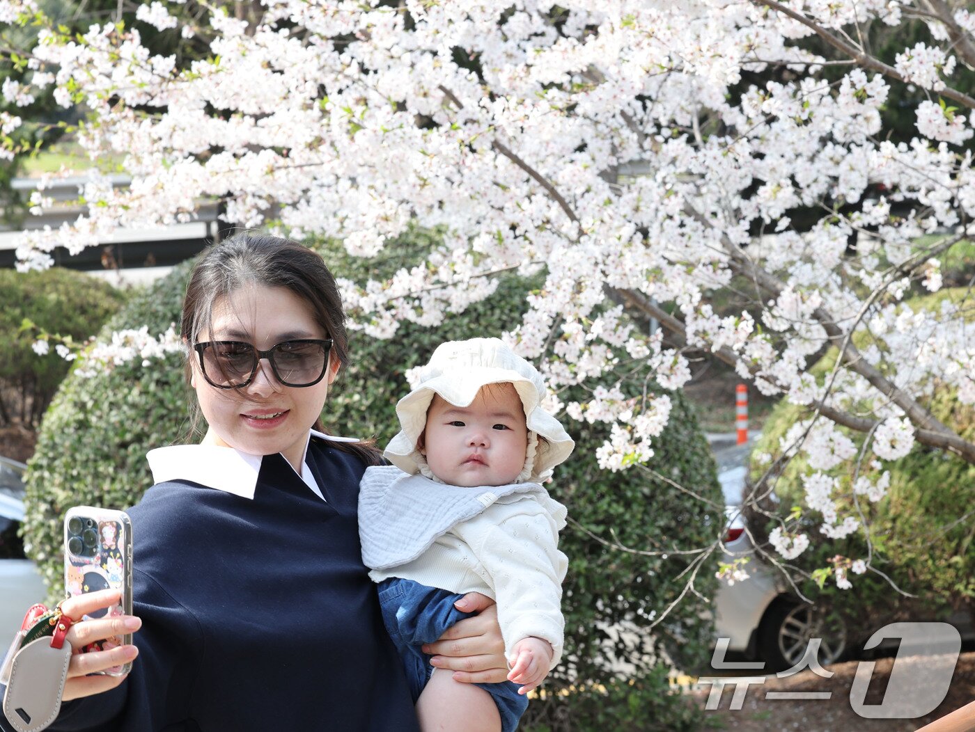 본문 이미지 - 7일 오후 광주 북구 운암동 중외공원에 상춘객들이 만개한 벚꽃길 산책 후 사진을 남기고 있다. 2025.4.7/뉴스1 ⓒ News1 박지현 기자