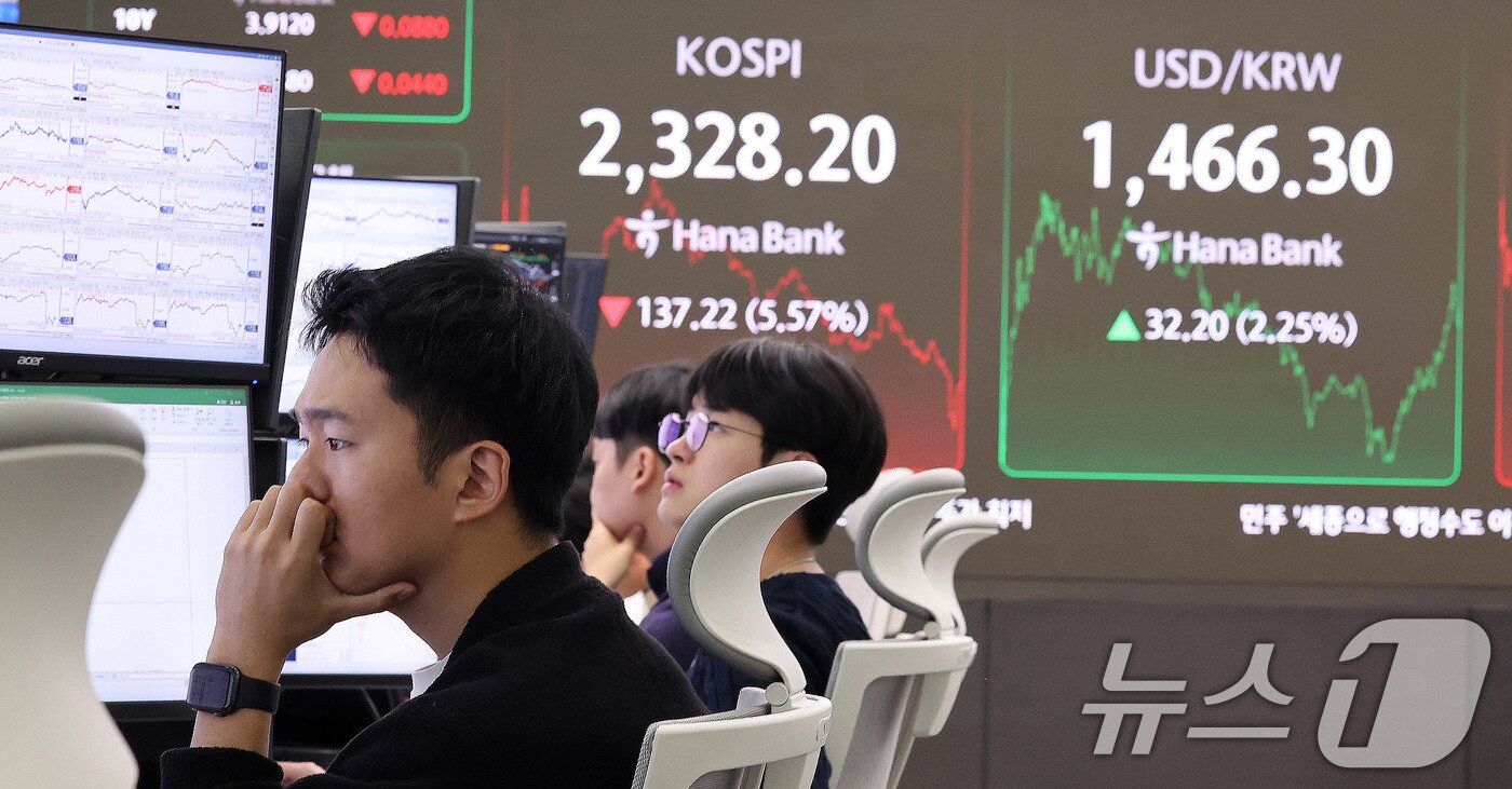 본문 이미지 - 7일 서울 중구 하나은행 딜링룸 전광판에 종가 현황이 표시돼 있다. 2025.4.7/뉴스1 ⓒ News1 박지혜 기자