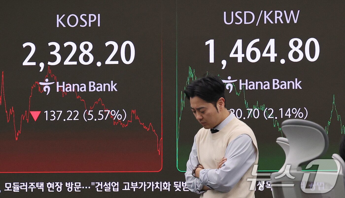 본문 이미지 - 7일 서울 중구 하나은행 딜링룸 전광판에 종가 현황이 표시돼 있다. 2025.4.7/뉴스1 ⓒ News1 박지혜 기자