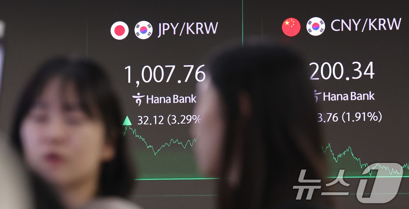 (서울=뉴스1) 박지혜 기자 = 글로벌 관세전쟁 우려에 엔화가 100엔당 1000원을 돌파했다. 7일 서울 중구 하나은행 본점 딜링룸에서 딜러가 업무를 보고 있다. 2025.4.7 …