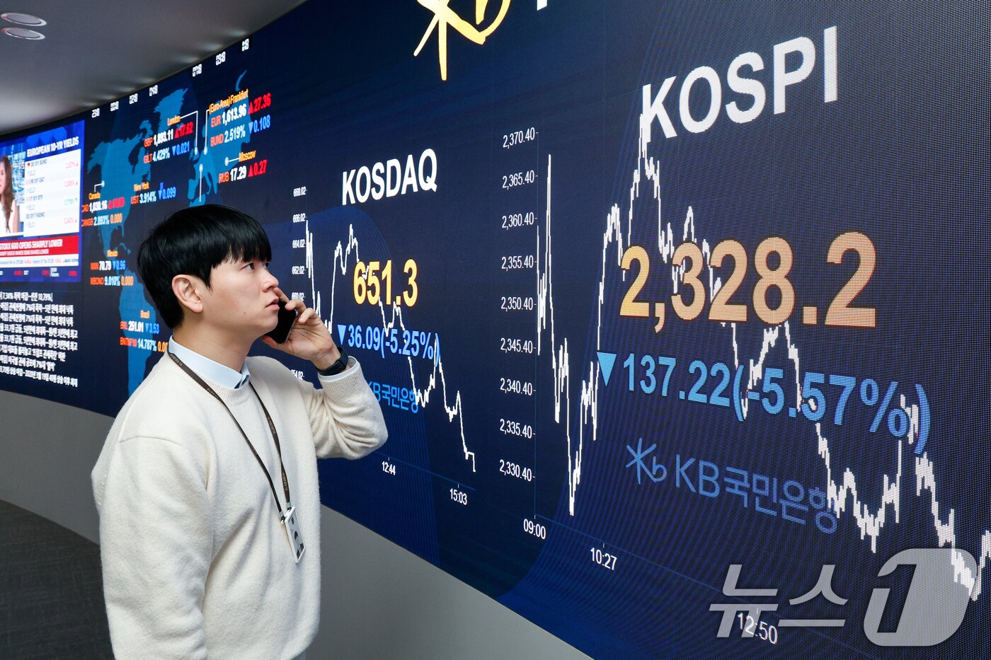 본문 이미지 - 코스피가 5% 넘게 하락하고 환율은 5년 만에 최대치로 폭등한 7일 오후 서울 여의도 KB국민은행 스마트딜링 전광판에 종가가 표시되고 있다. 2025.4.7/뉴스1 ⓒ News1 안은나 기자