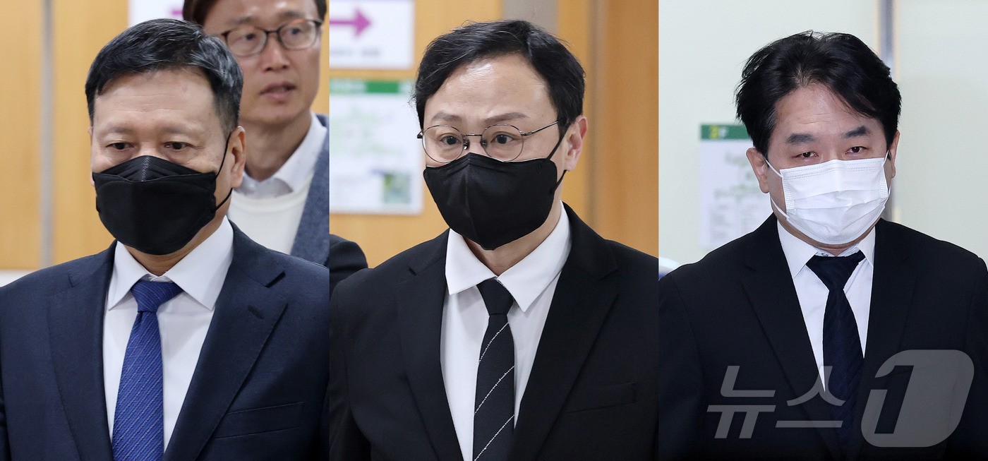 (서울=뉴스1) 박세연 기자 = 구영배 큐텐그룹 대표(왼쪽부터), 류광진 티몬 대표, 류화현 위메프 대표가 8일 서울 서초구 중앙지법에서 열린 '티메프 미정산' 관련  특정경제범죄 …