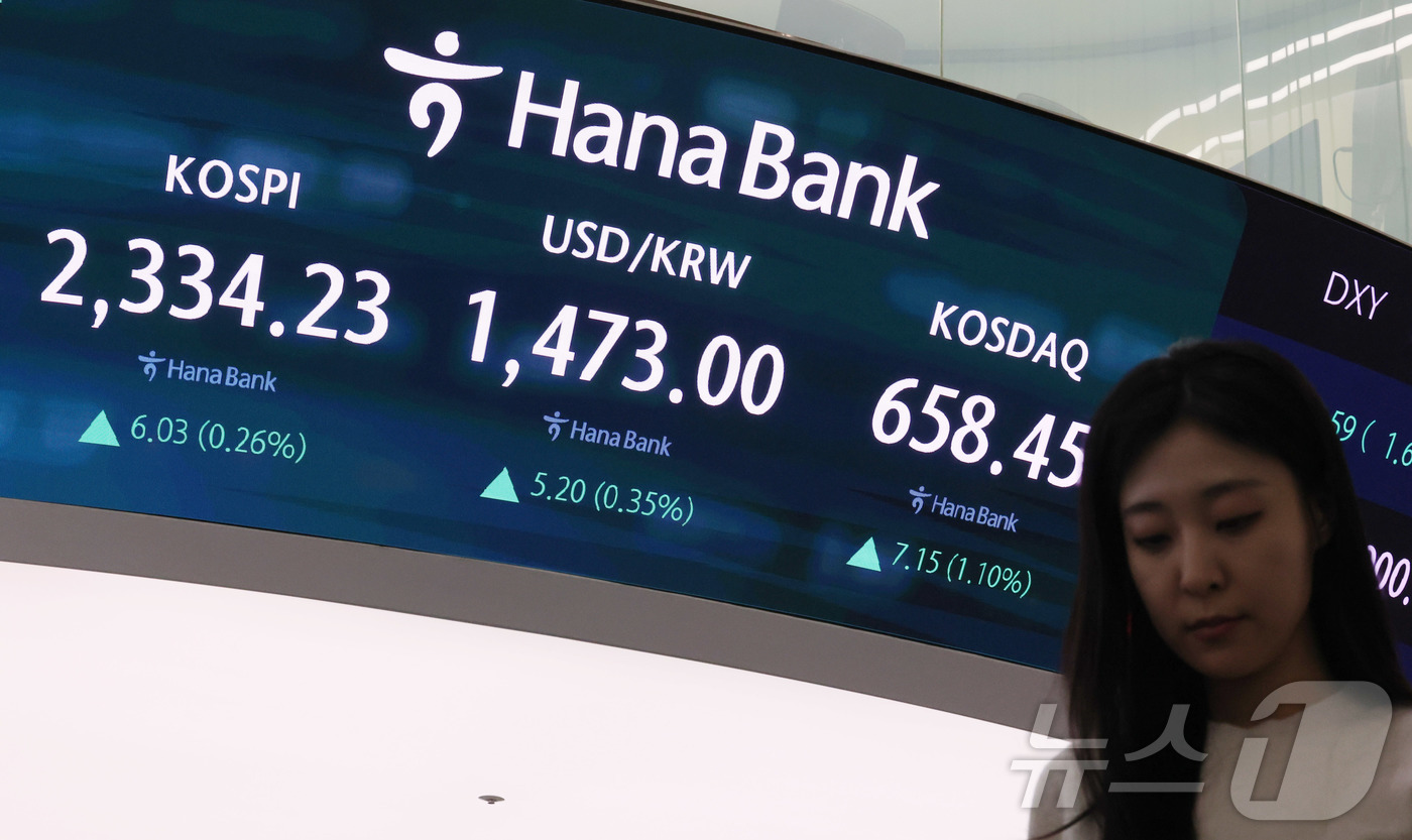 (서울=뉴스1) 박세연 기자 = 8일 서울 중구 하나은행 딜링룸 전광판에 종가 현황이 표시돼 있다.이날 코스피는 전 거래일 종가와 비교해 포인트6.03(p)(0.26%) 상승한 2 …