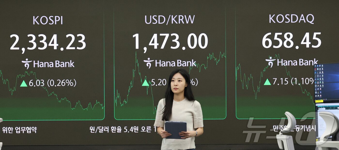 본문 이미지 - 8일 서울 중구 하나은행 딜링룸 전광판에 종가 현황이 표시돼 있다. 2025.4.8/뉴스1 ⓒ News1 박세연 기자