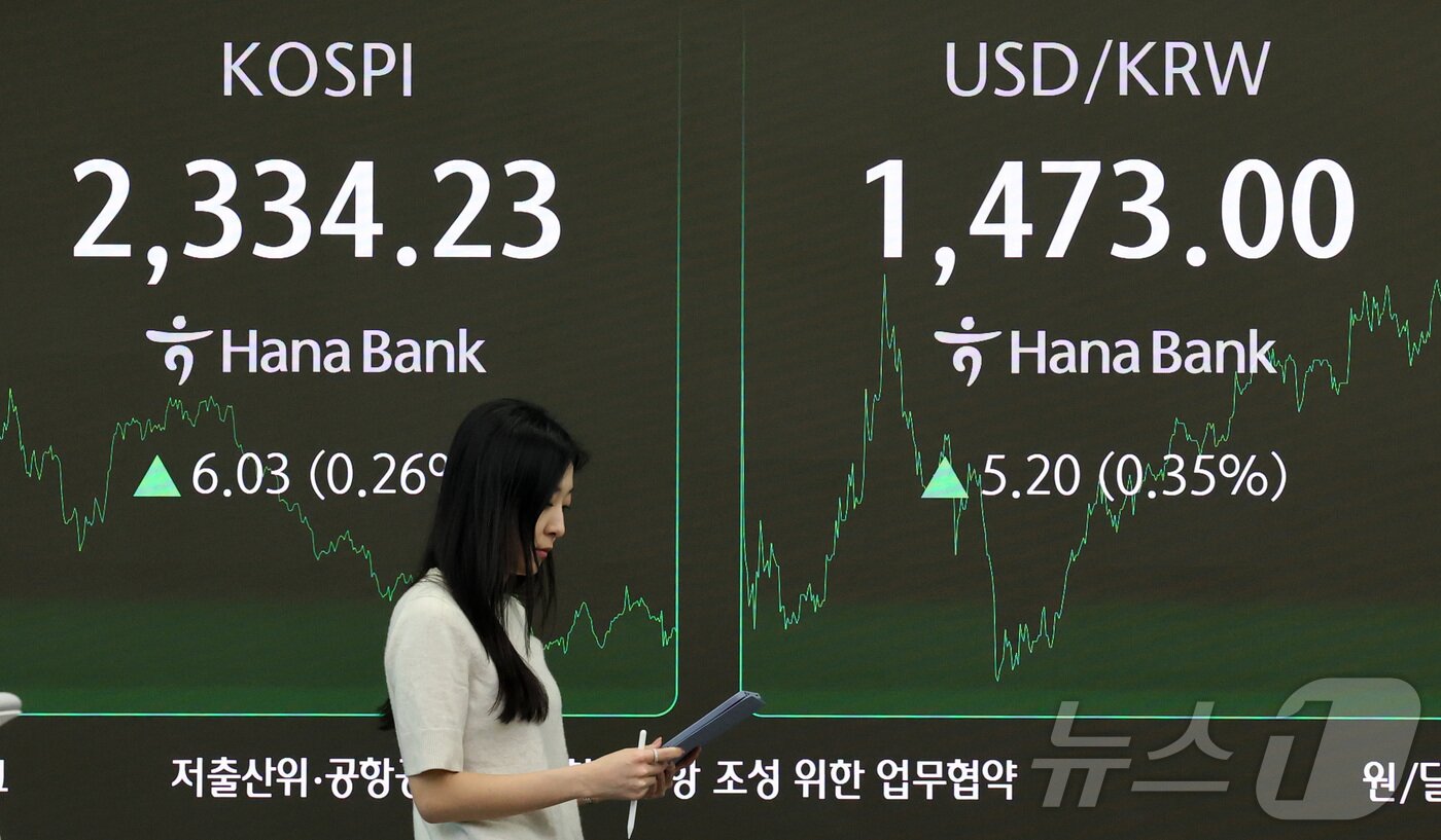 본문 이미지 - 8일 서울 중구 하나은행 딜링룸 전광판에 종가 현황이 표시돼 있다.  2025.4.8/뉴스1 ⓒ News1 박세연 기자