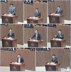 본문 이미지 - 왼쪽 위부터 시계방향으로 홍기후·박기영·이정우·신영호·방한일·지민규·박정식·김민수 의원이 5분 발언을 하고 있다. /뉴스1 ⓒ News1 김태진 기자