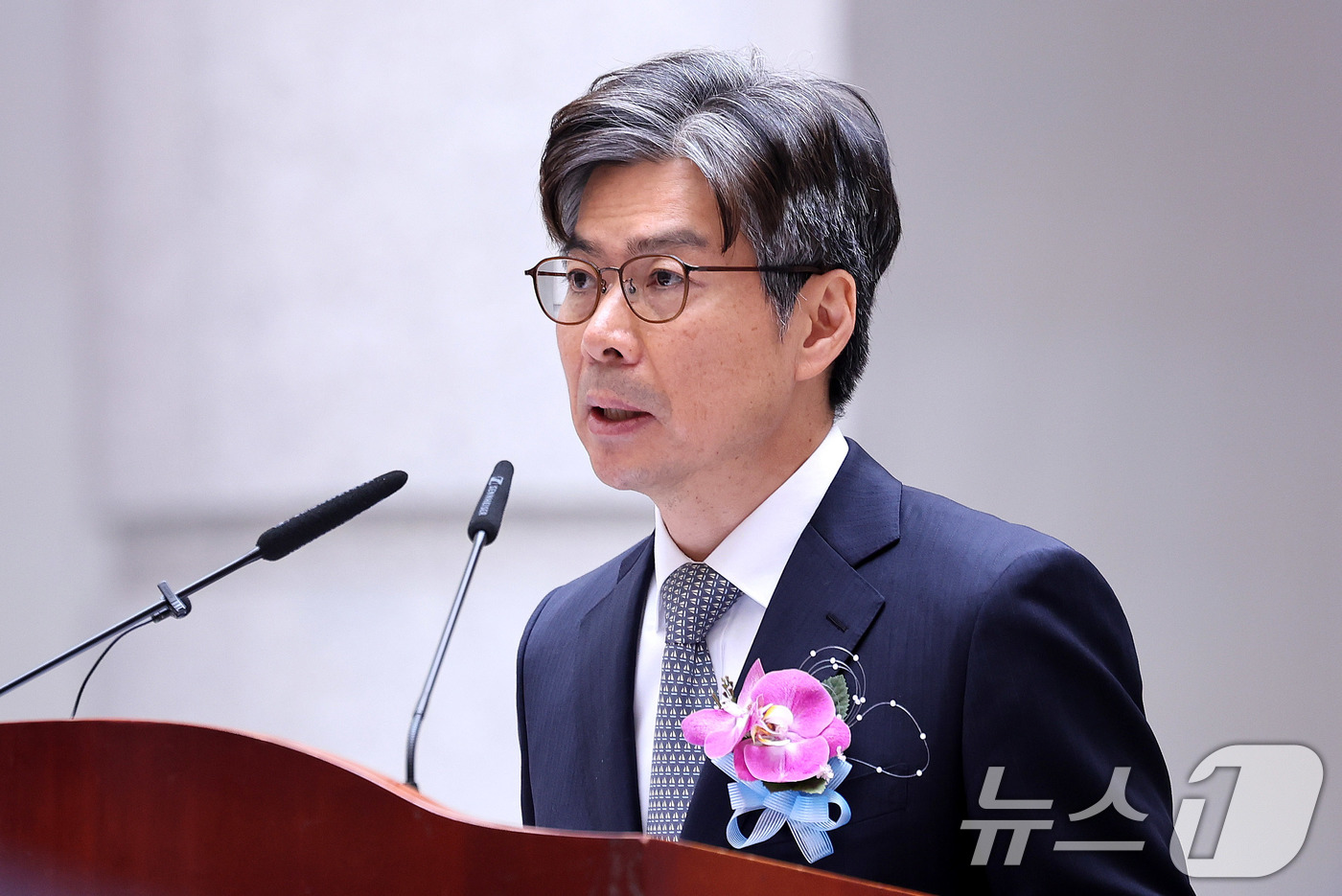 (서울=뉴스1) 박지혜 기자 = 마용주 신임 대법관이 9일 서울 서초구 대법원에서 열린 취임식에 취임사를 하고 있다. 2025.4.9/뉴스1