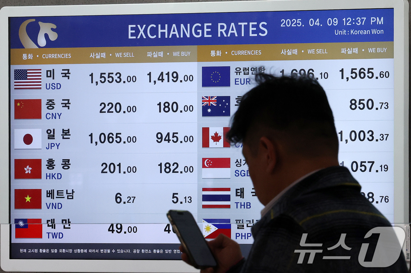 (김포공항=뉴스1) 박세연 기자 = 9일 오후 서울 강서구 김포공항 국제선청사 환전소에 원달러 환율을 비롯한 환율 시세가 나타내고 있다.도널드 트럼프 미국 행정부가 중국에 104% …