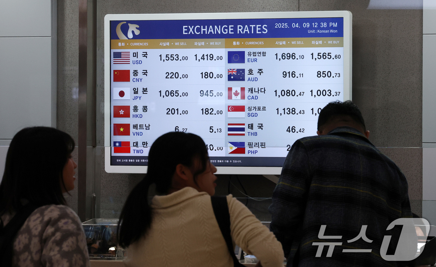 (김포공항=뉴스1) 박세연 기자 = 9일 오후 서울 강서구 김포공항 국제선청사 환전소에 원달러 환율을 비롯한 환율 시세가 나타내고 있다.도널드 트럼프 미국 행정부가 중국에 104% …