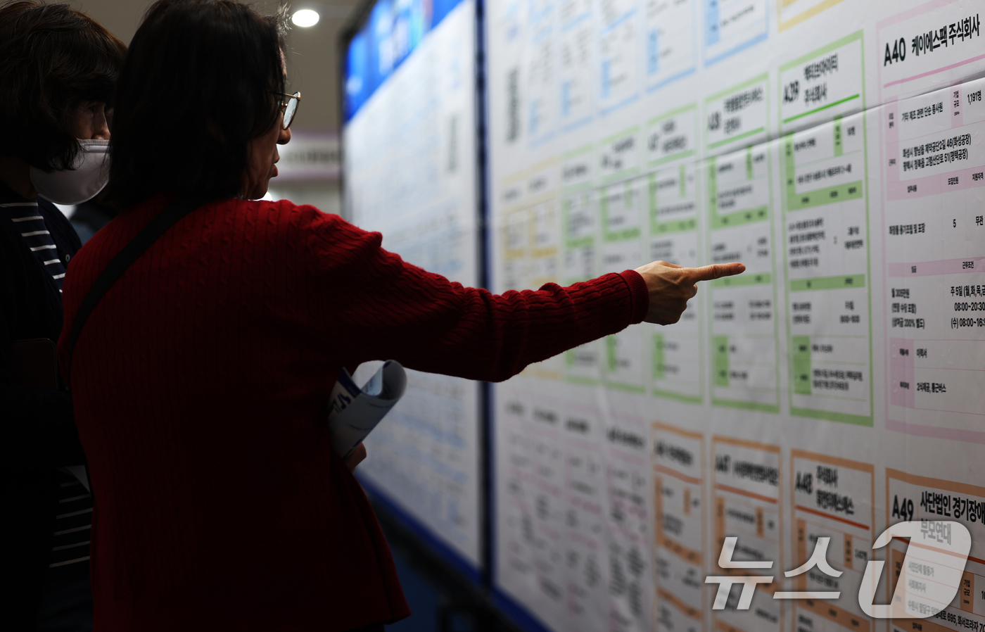 (수원=뉴스1) 김영운 기자 = 9일 오후 경기 수원시 영통구 수원컨벤션센터에서 열린 '2025 수원 일자리박람회'에서 구직자들이 참여기업 현황판을 살펴보고 있다.통계청이 이날 발 …