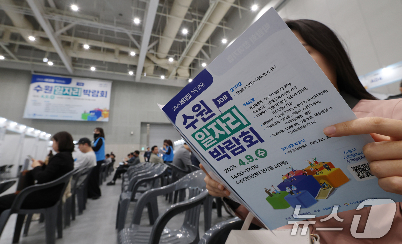 (수원=뉴스1) 김영운 기자 = 9일 오후 경기 수원시 영통구 수원컨벤션센터에서 열린 '2025 수원 일자리박람회'에서 구직자들이 구직활동을 하고 있다.통계청이 이날 발표한 '20 …
