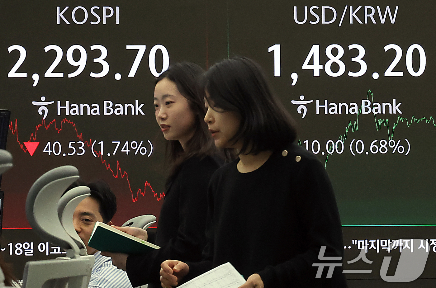 (서울=뉴스1) 박정호 기자 = 미국의 상호관세가 발효되면서 코스피 2300선이 붕괴한 9일 오후 서울 중구 하나은행 본점 딜링룸 전광판에 증시가 표시되고 있다.이날 코스피 지수는 …