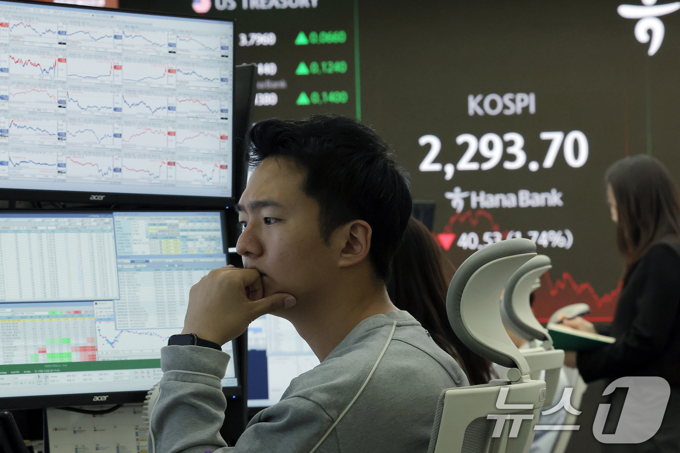 (서울=뉴스1) 박정호 기자 = 미국의 상호관세가 발효되면서 코스피 2300선이 붕괴한 9일 오후 서울 중구 하나은행 본점 딜링룸 전광판에 증시가 표시되고 있다.이날 코스피 지수는 …