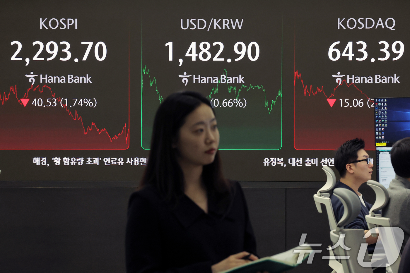 (서울=뉴스1) 박정호 기자 = 미국의 상호관세가 발효되면서 코스피 2300선이 붕괴한 9일 오후 서울 중구 하나은행 본점 딜링룸 전광판에 증시가 표시되고 있다.이날 코스피 지수는 …