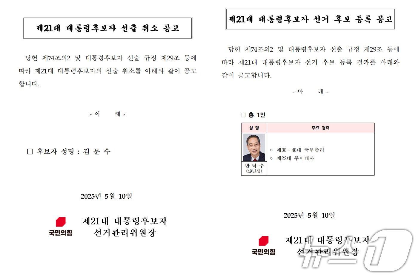 본문 이미지 - 10일 새벽 국민의힘 홈페이지에 공고된 김문수 제21대 대통령후보자 선출 취소 공고 및 한덕수 후보 등록 공고문. 국민의힘은 이날 새벽 김문수 후보의 대선 후보 자격을 취소하고 한덕수 후보를 단독으로 등록했다. &#40;국민의힘 홈페이지 캡처&#41; 2025.5.10/뉴스1