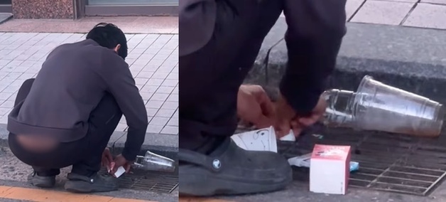 배수구에 꾹꾹, 쓰레기 구겨 넣은 남성…"저래서 장마 때 넘치는 것"[영상]
