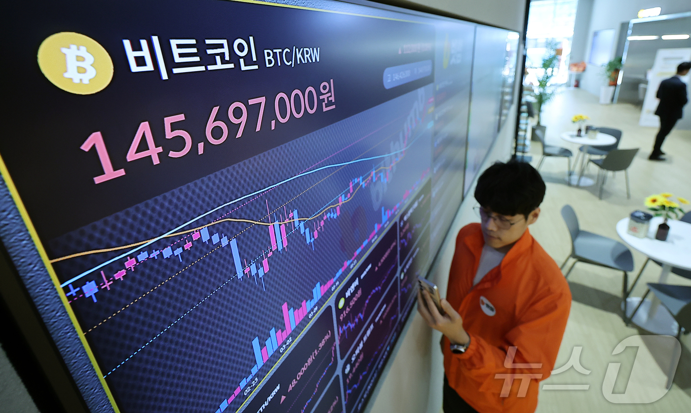 (서울=뉴스1) 김진환 기자 = 12일 서울 서초구 빗썸라운지 강남점 전광판에 비트코인 등 가상자산 시세가 표시되고 있다. 비트코인이 10만 달러를 다시 돌파한 이후 10만 500 …