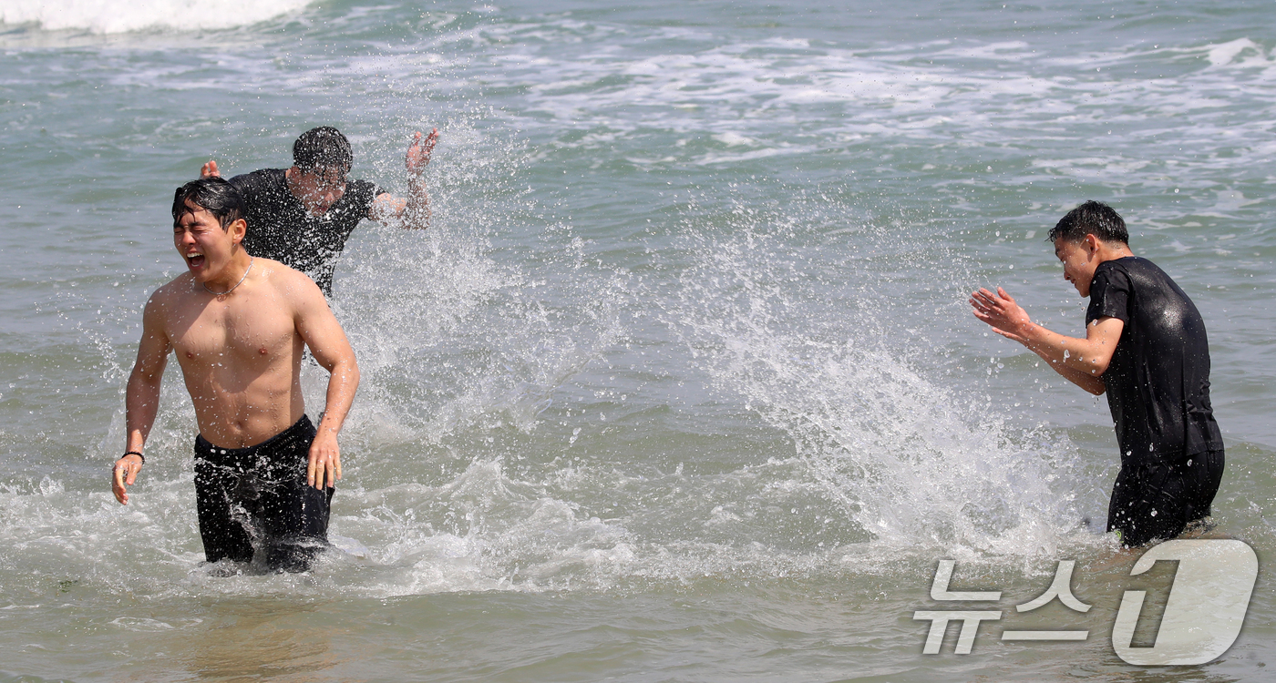 (부산=뉴스1) 윤일지 기자 = 초여름 날씨를 보인 12일 오후 부산 해운대해수욕장을 찾은 관광객들이 물놀이를 즐기고 있다. 2025.5.12/뉴스1
