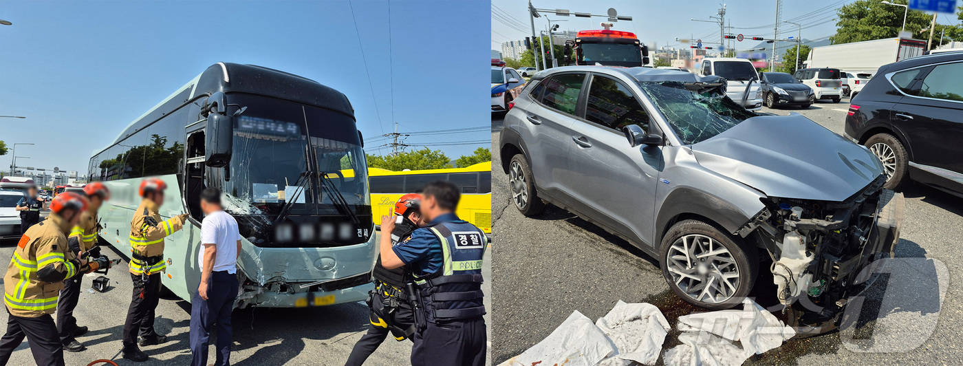 (울산=뉴스1) 김지혜 기자 = 12일 오후 2시 34분께 울산 북구 상안교사거리에서 대형 통근버스와 승용차가 충돌하는 사고가 발생했다. 이 사고로 버스 탑승자 27명과 승용차 탑 …