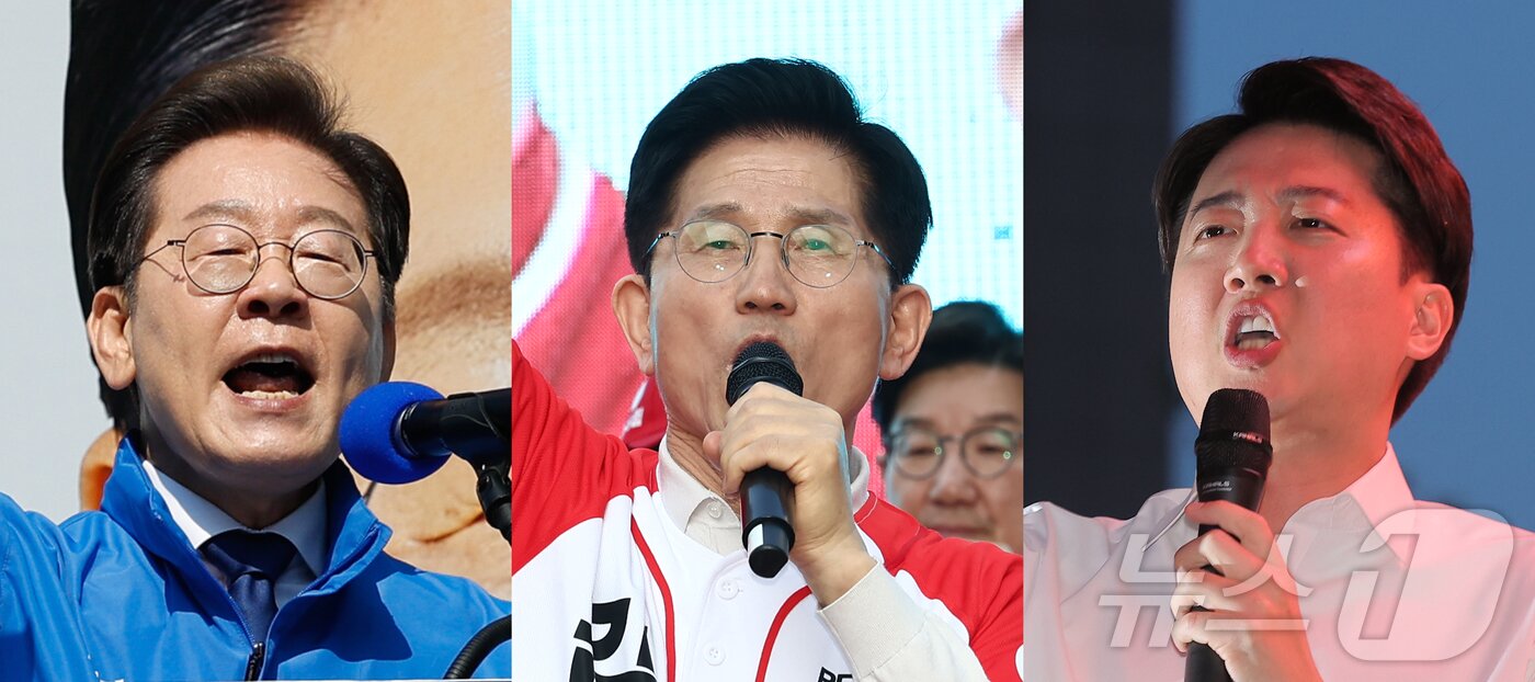 본문 이미지 - 이재명 더불어민주당, 김문수 국민의힘, 이준석 개혁신당 대통령 후보가 공식 선거운동이 시작된 12일 각각 서울 청계광장, 대구 서문시장, 서울 청계광장에서 지지를 호소하고 있다. ⓒ News1 안은나 기자,박정호 기자,김민지 기자