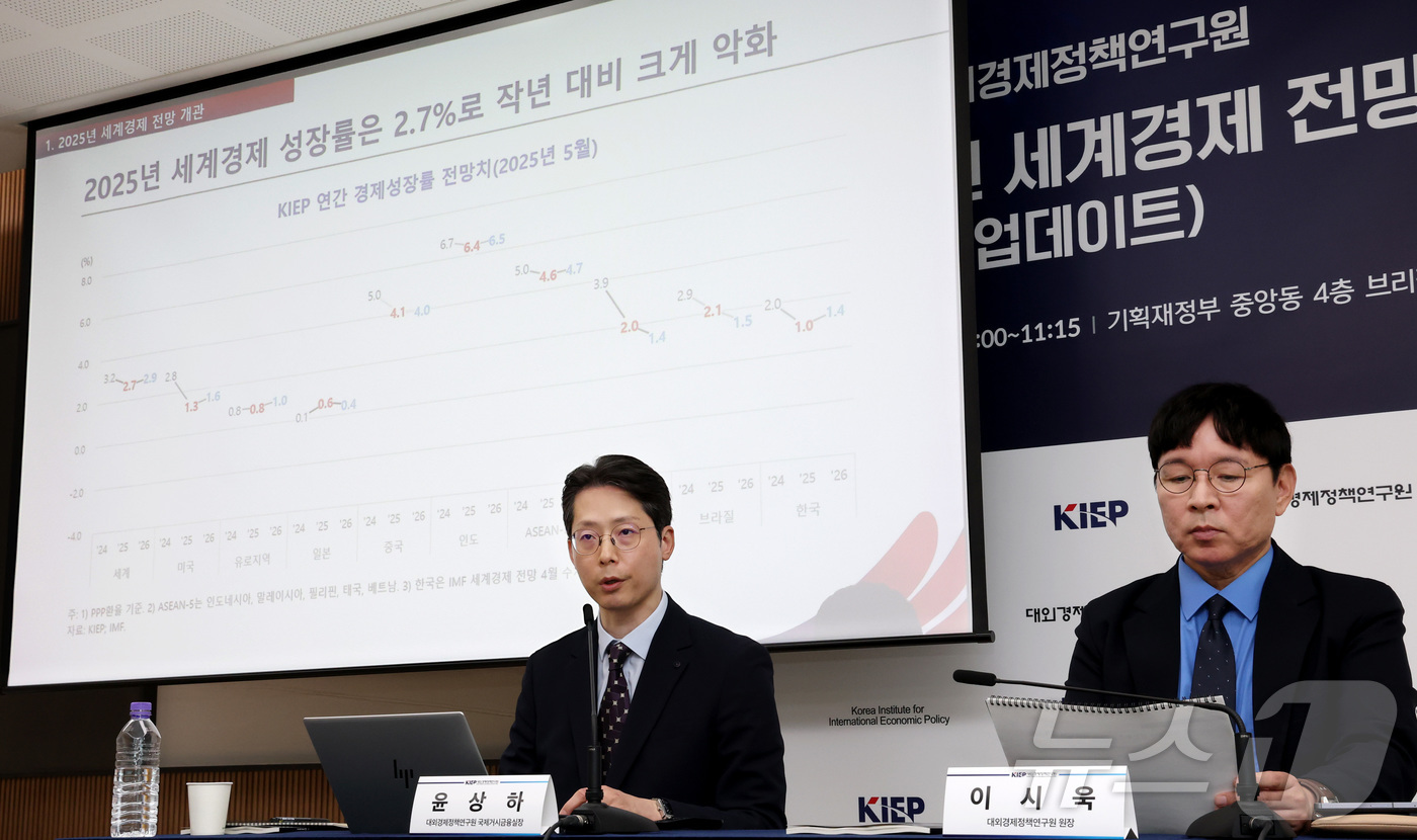 (세종=뉴스1) 김기남 기자 = 이시욱 대외경제정책연구원 원장(오른쪽), 윤상하 국제거시금융실장이 13일 세종시 정부세종청사 기획재정부에서 '격변의 무역질서, 표류하는 세계경제'의 …