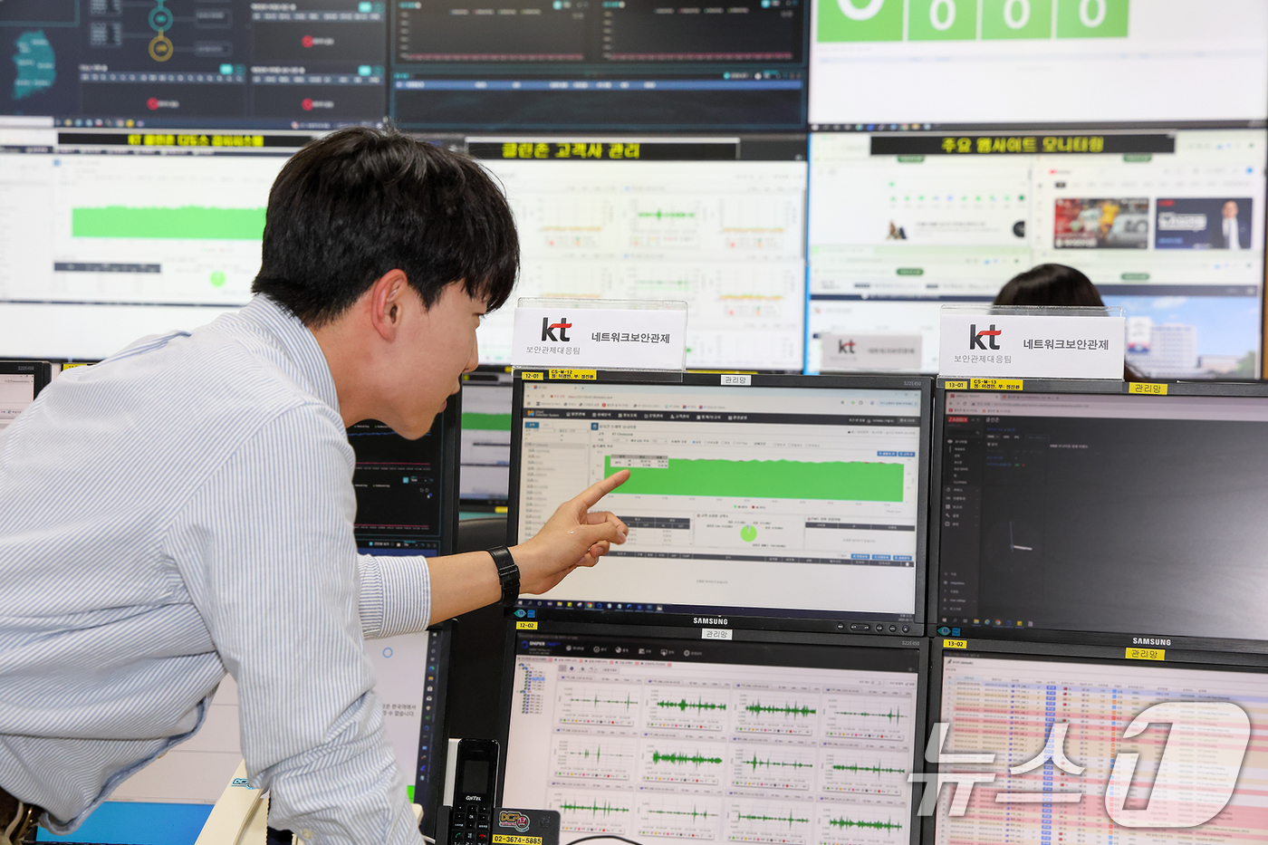 (서울=뉴스1) = KT가 인공지능(AI)과 빅데이터 기반 B2B 보안 서비스 강화로 기업의 안전한 디지털 환경 구축에 나선다고 14일 밝혔다.KT 직원이 경기도 과천에 위치한 K …